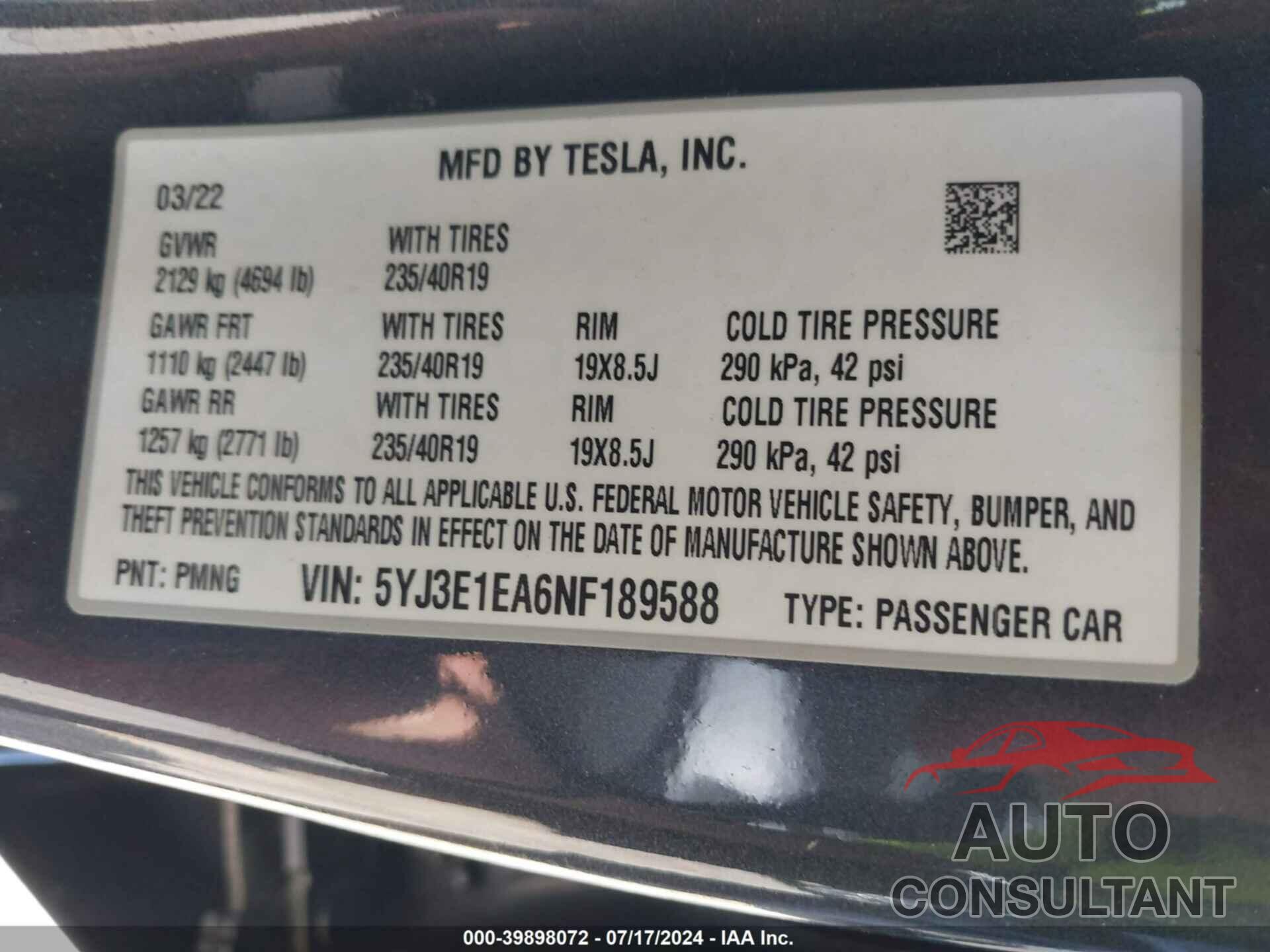 TESLA MODEL 3 2022 - 5YJ3E1EA6NF189588