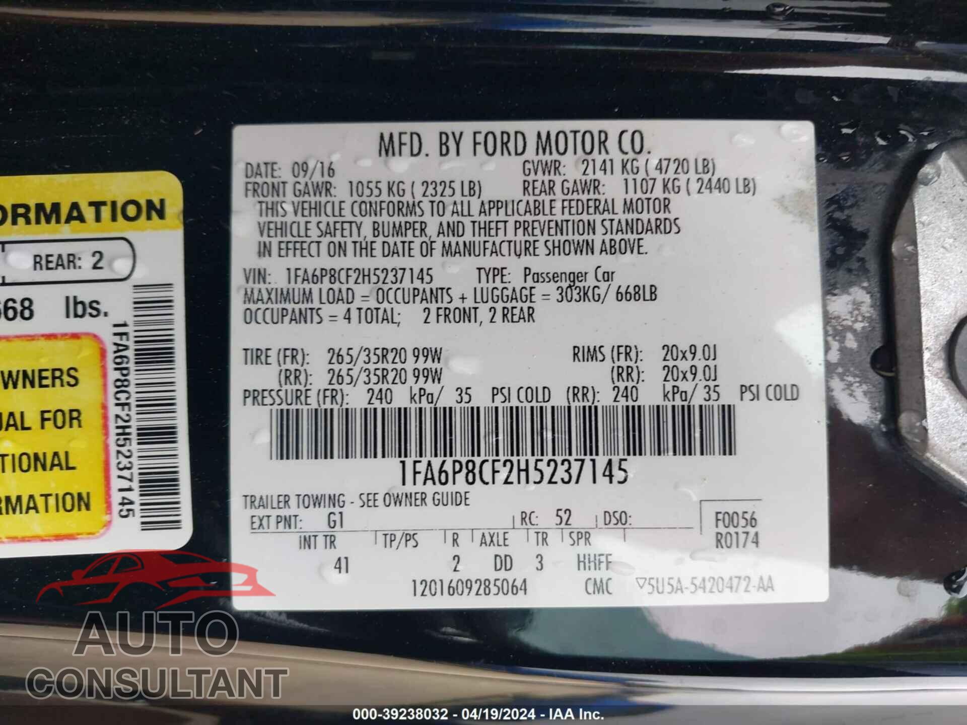 FORD MUSTANG 2017 - 1FA6P8CF2H5237145
