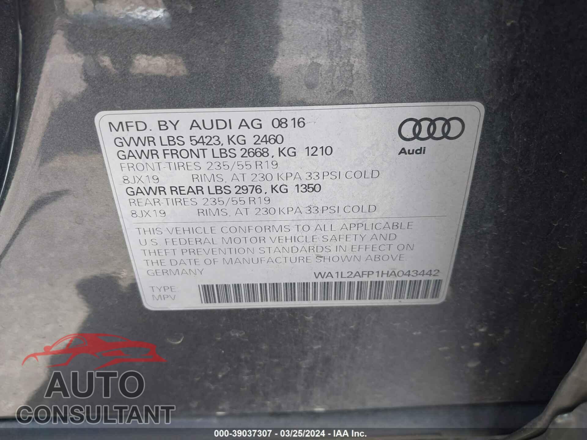 AUDI Q5 2017 - WA1L2AFP1HA043442