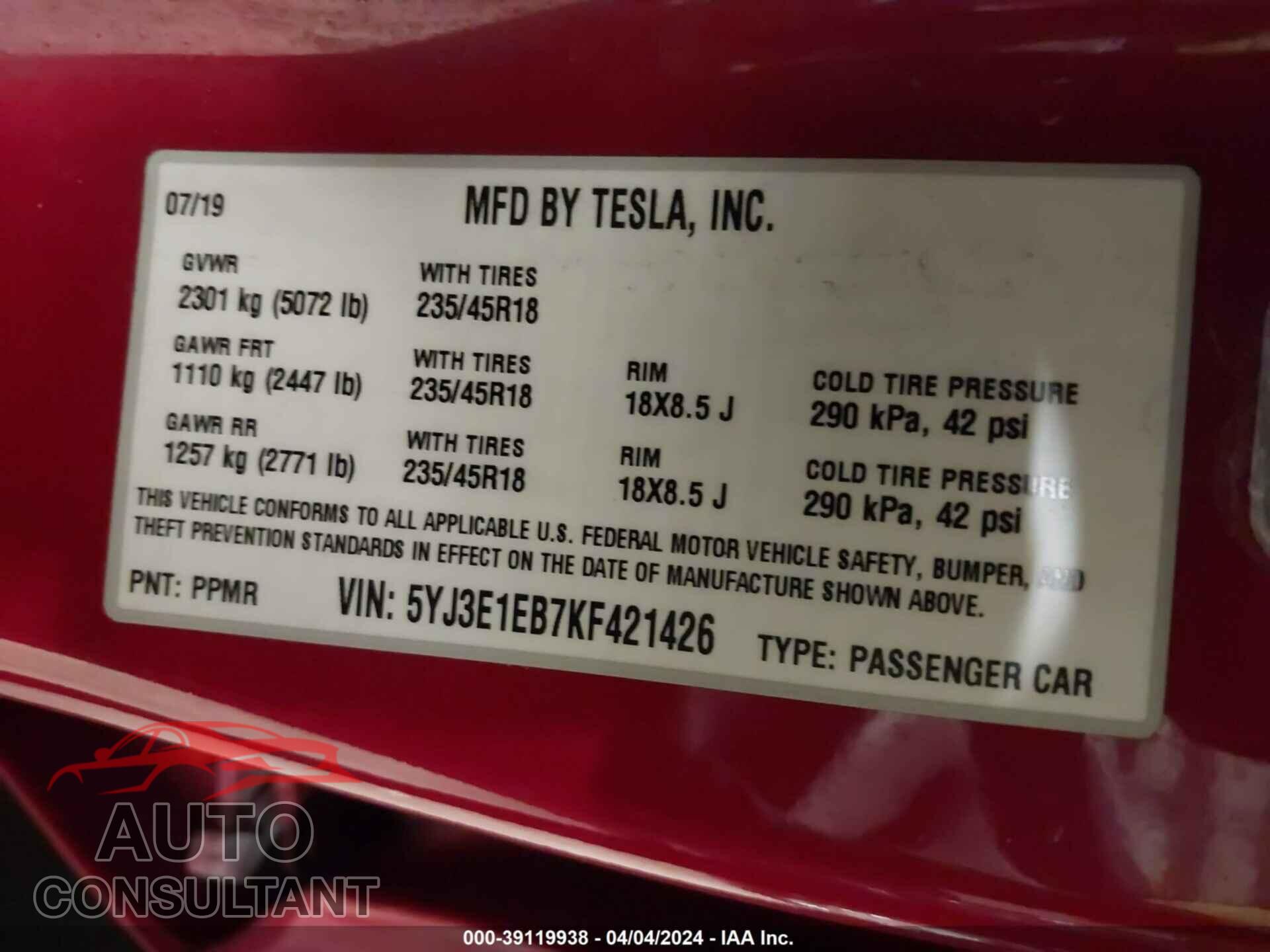 TESLA MODEL 3 2019 - 5YJ3E1EB7KF421426