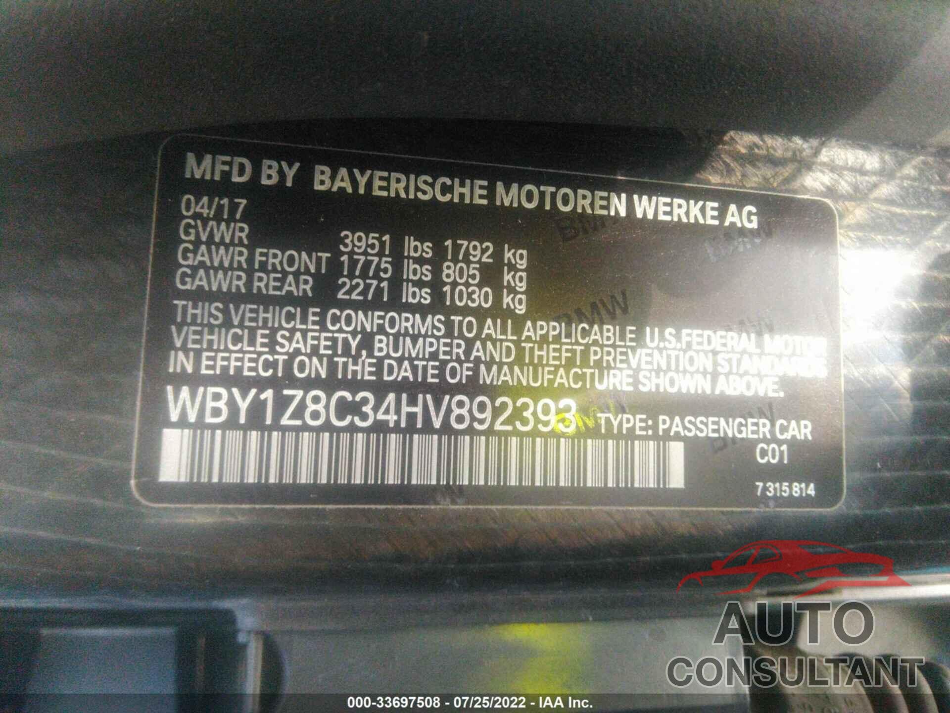 BMW I3 2017 - WBY1Z8C34HV892393