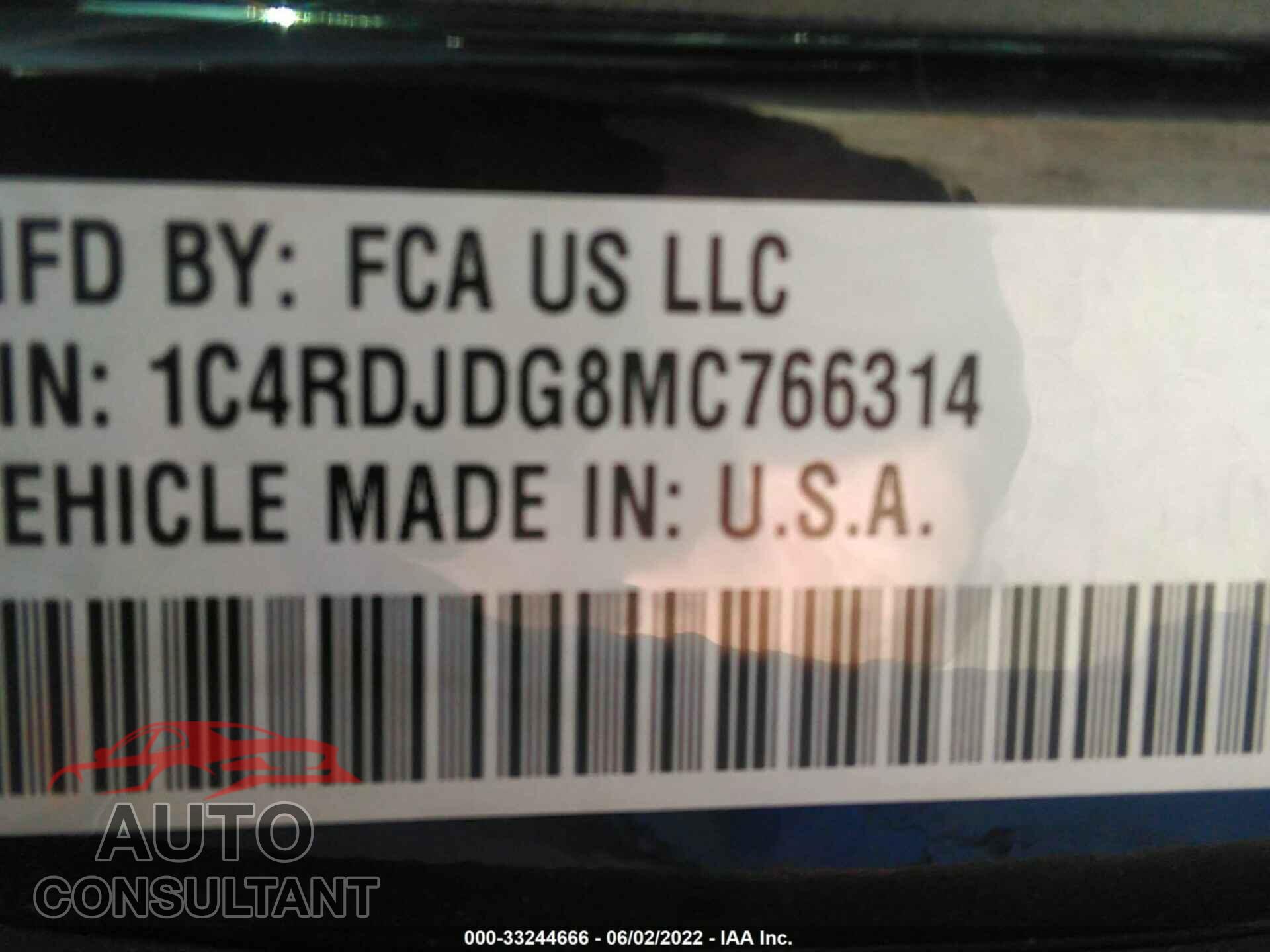 DODGE DURANGO 2021 - 1C4RDJDG8MC766314