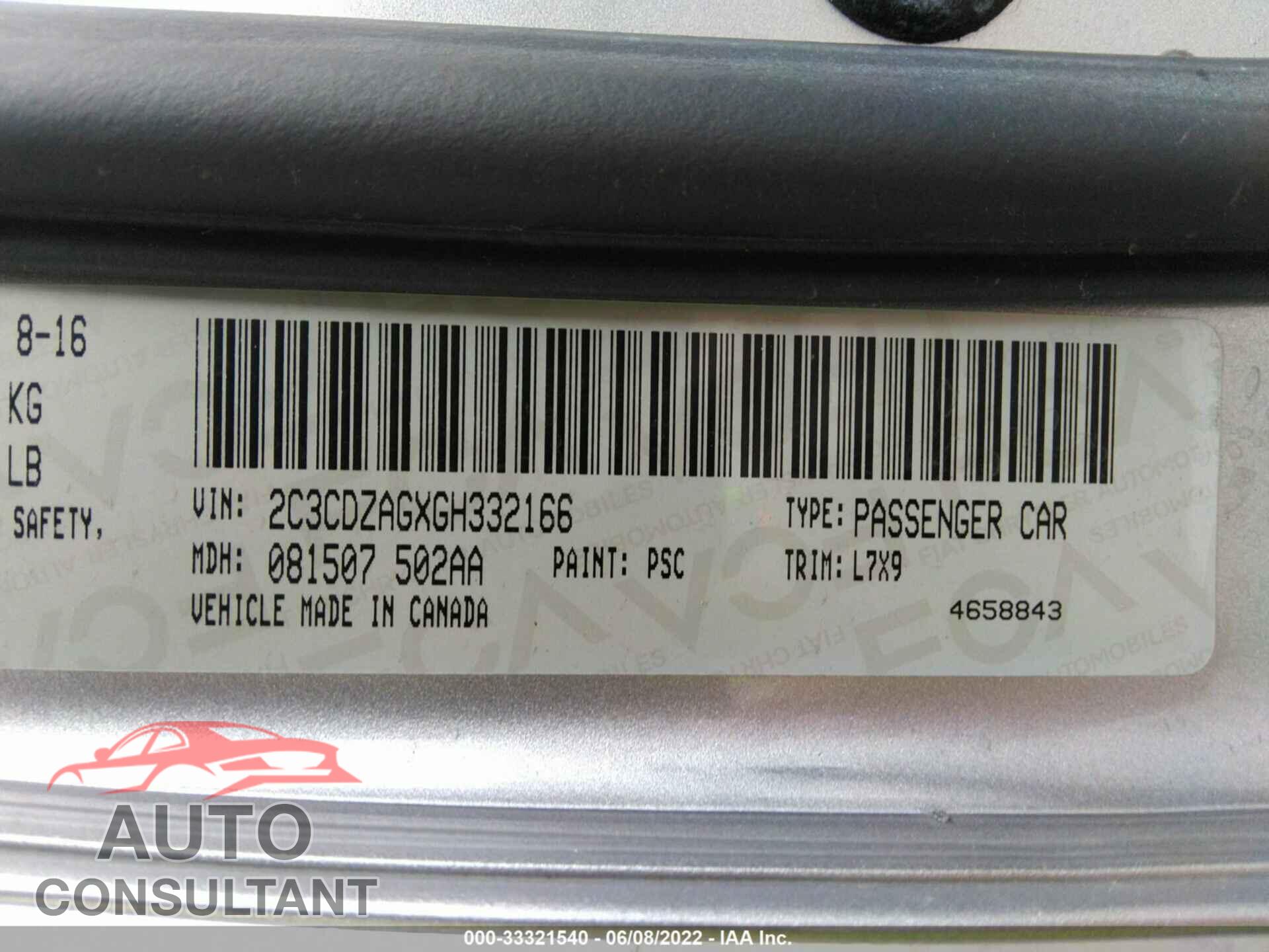 DODGE CHALLENGER 2016 - 2C3CDZAGXGH332166