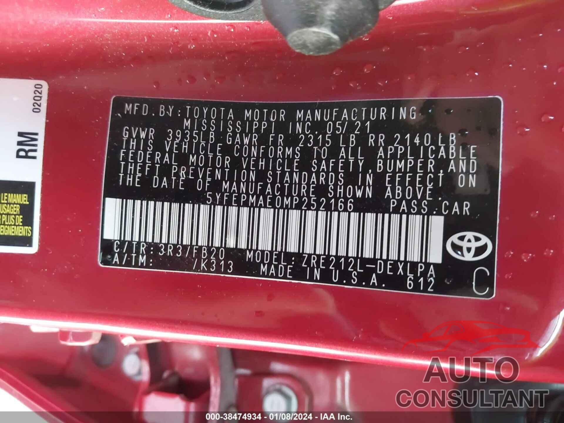 TOYOTA COROLLA 2021 - 5YFEPMAE0MP252166