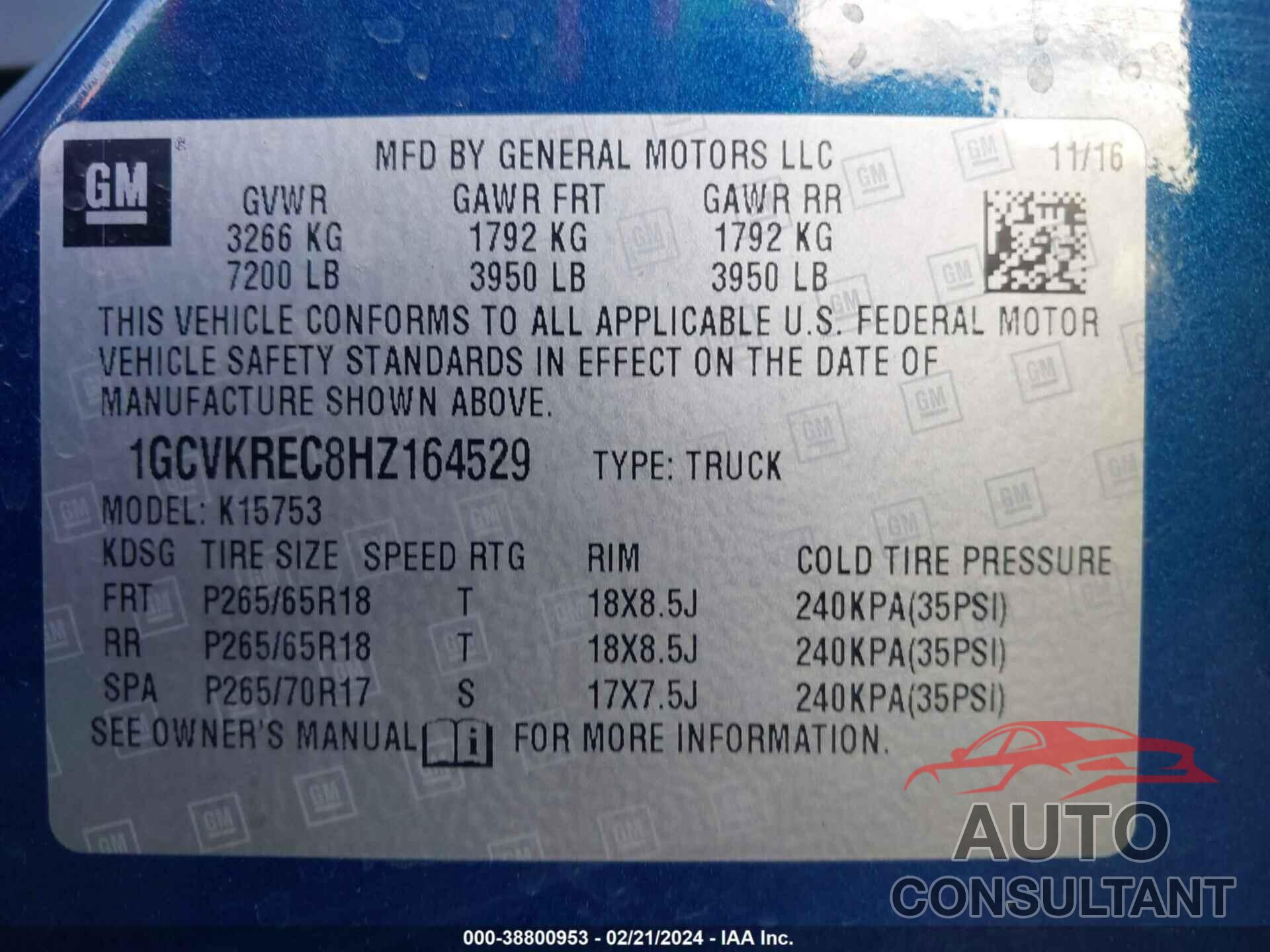 CHEVROLET SILVERADO 2017 - 1GCVKREC8HZ164529