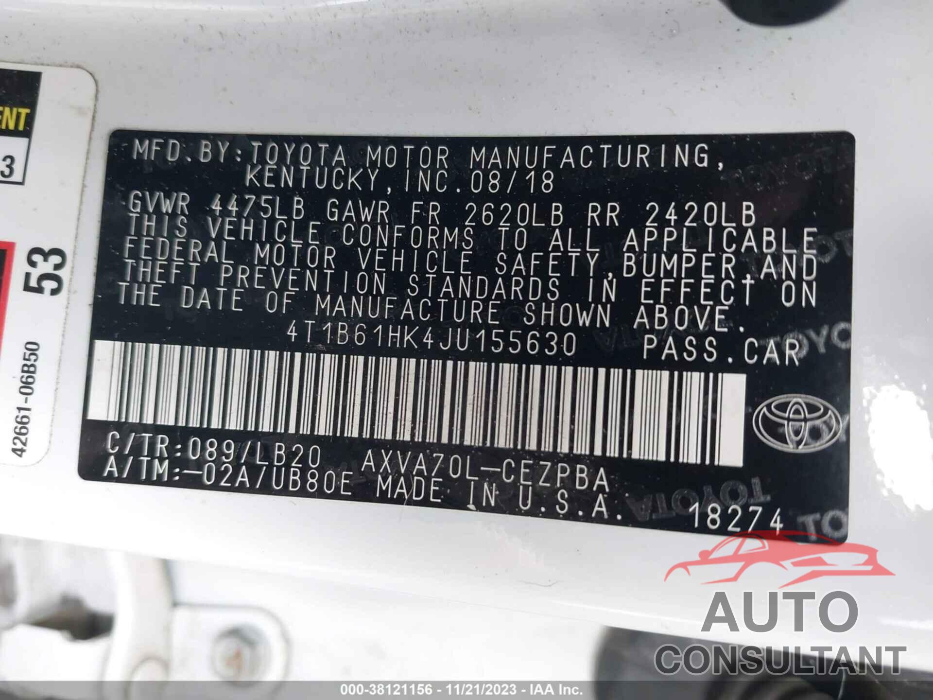 TOYOTA CAMRY 2018 - 4T1B61HK4JU155630