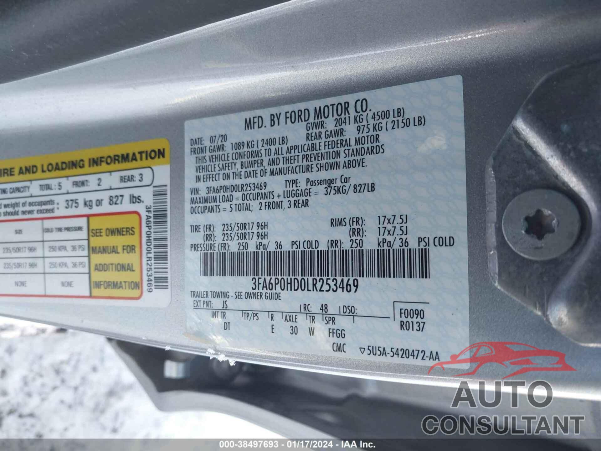 FORD FUSION 2020 - 3FA6P0HD0LR253469