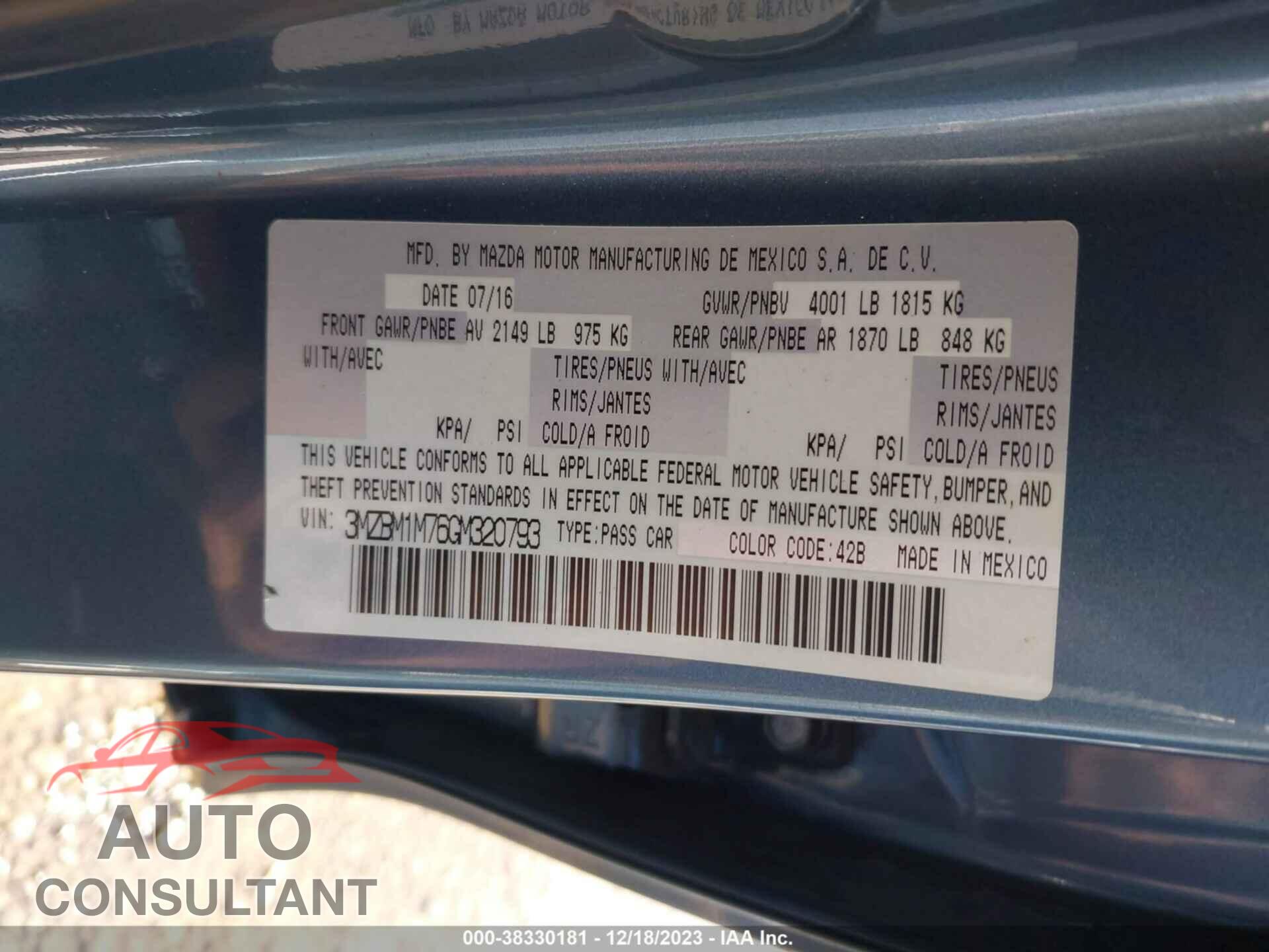 MAZDA MAZDA3 2016 - 3MZBM1M76GM320793
