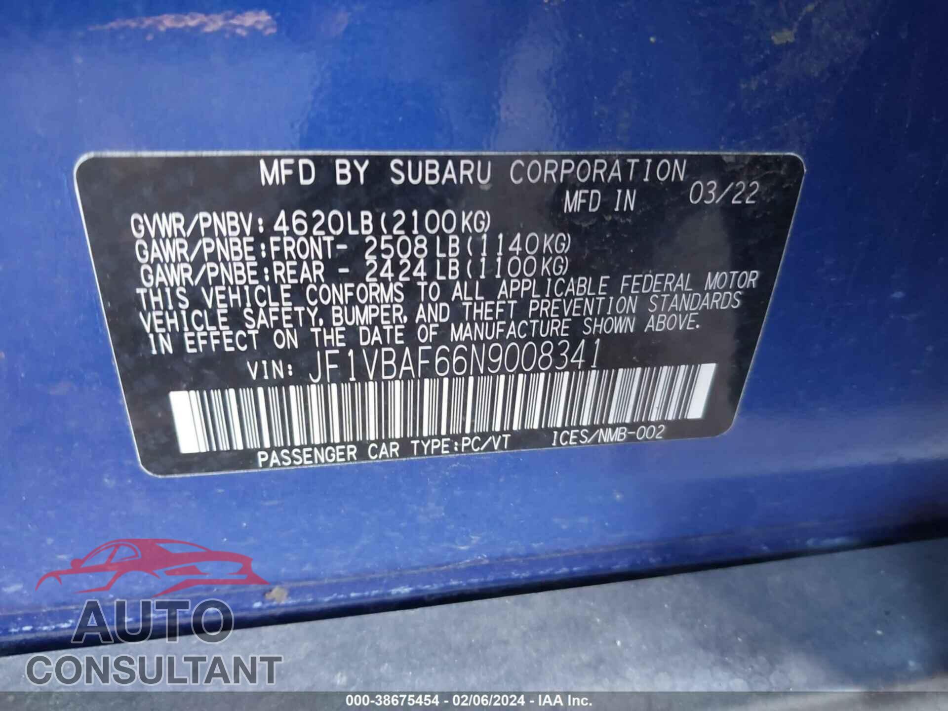 SUBARU WRX 2022 - JF1VBAF66N9008341