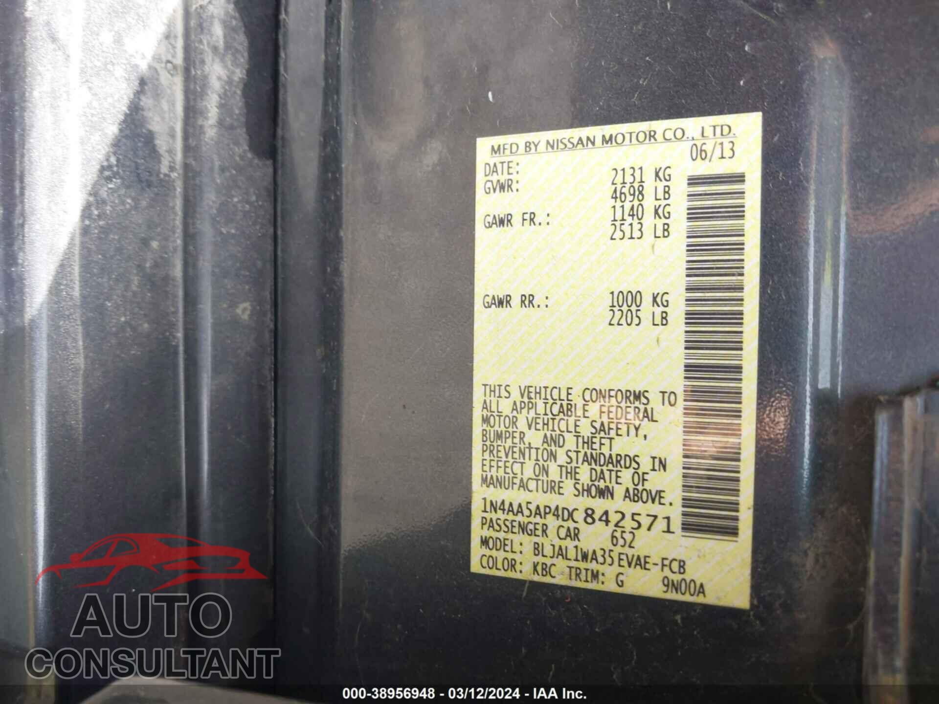 NISSAN MAXIMA 2013 - 1N4AA5AP4DC842571