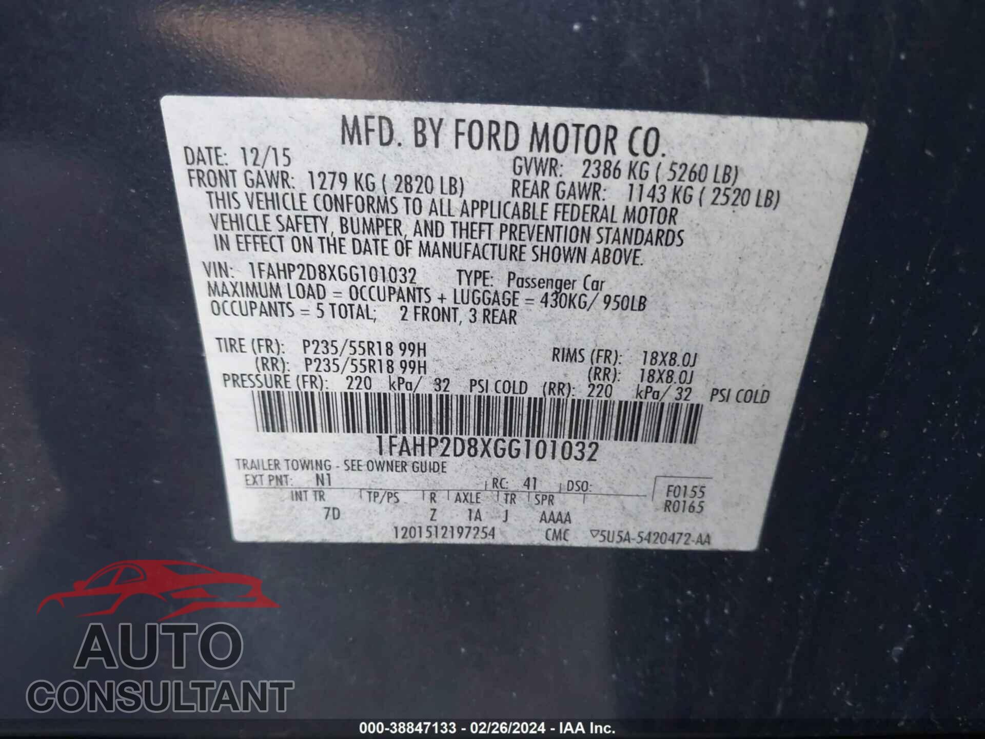 FORD TAURUS 2016 - 1FAHP2D8XGG101032