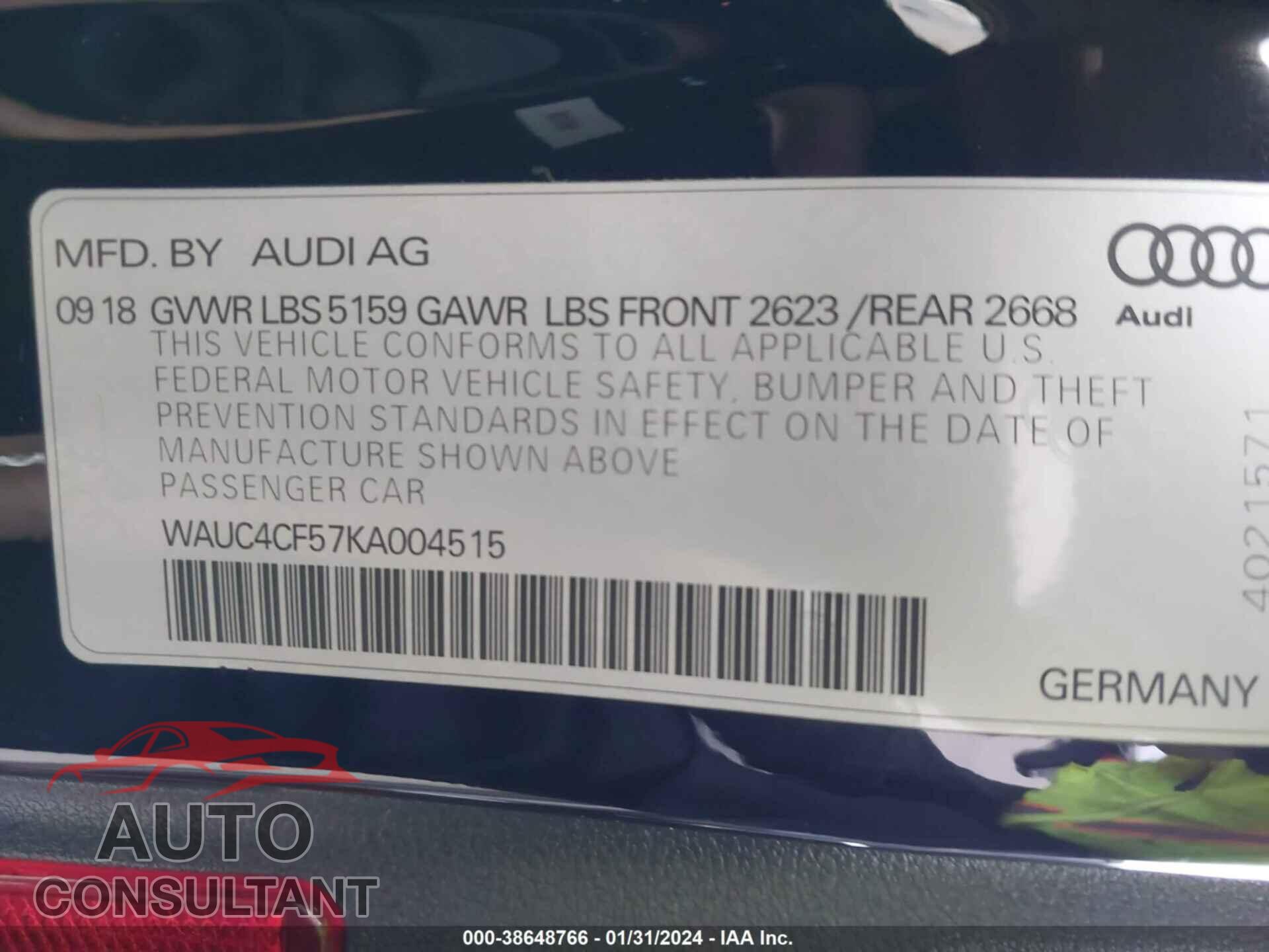 AUDI S5 2019 - WAUC4CF57KA004515