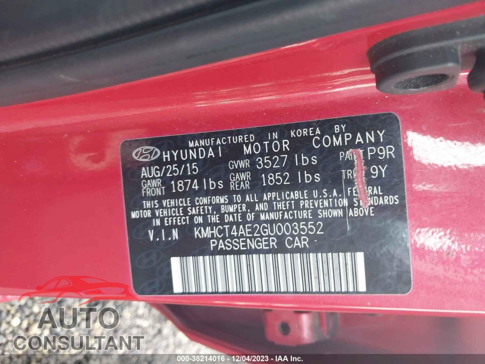 HYUNDAI ACCENT 2016 - KMHCT4AE2GU003552