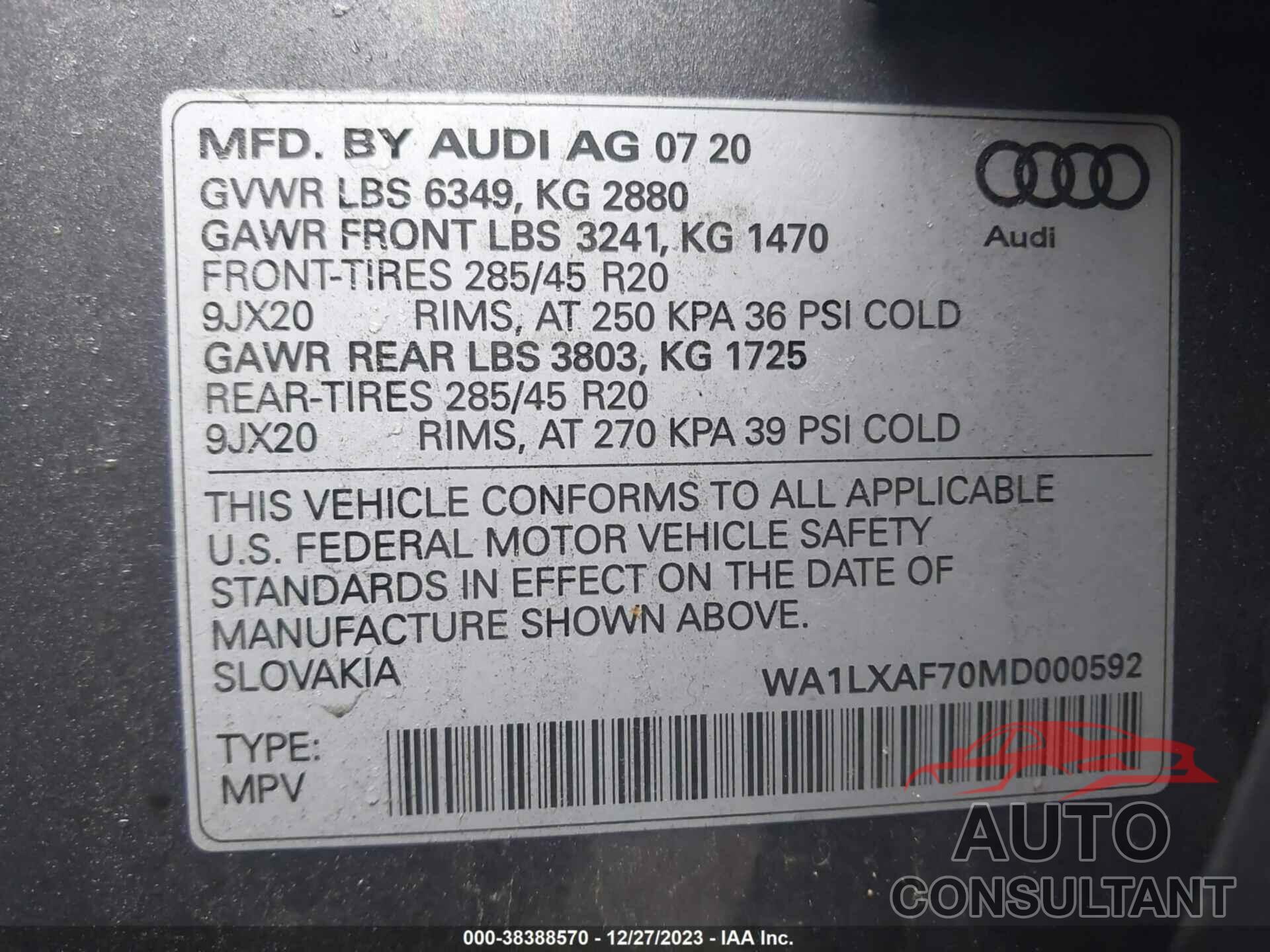 AUDI Q7 2021 - WA1LXAF70MD000592