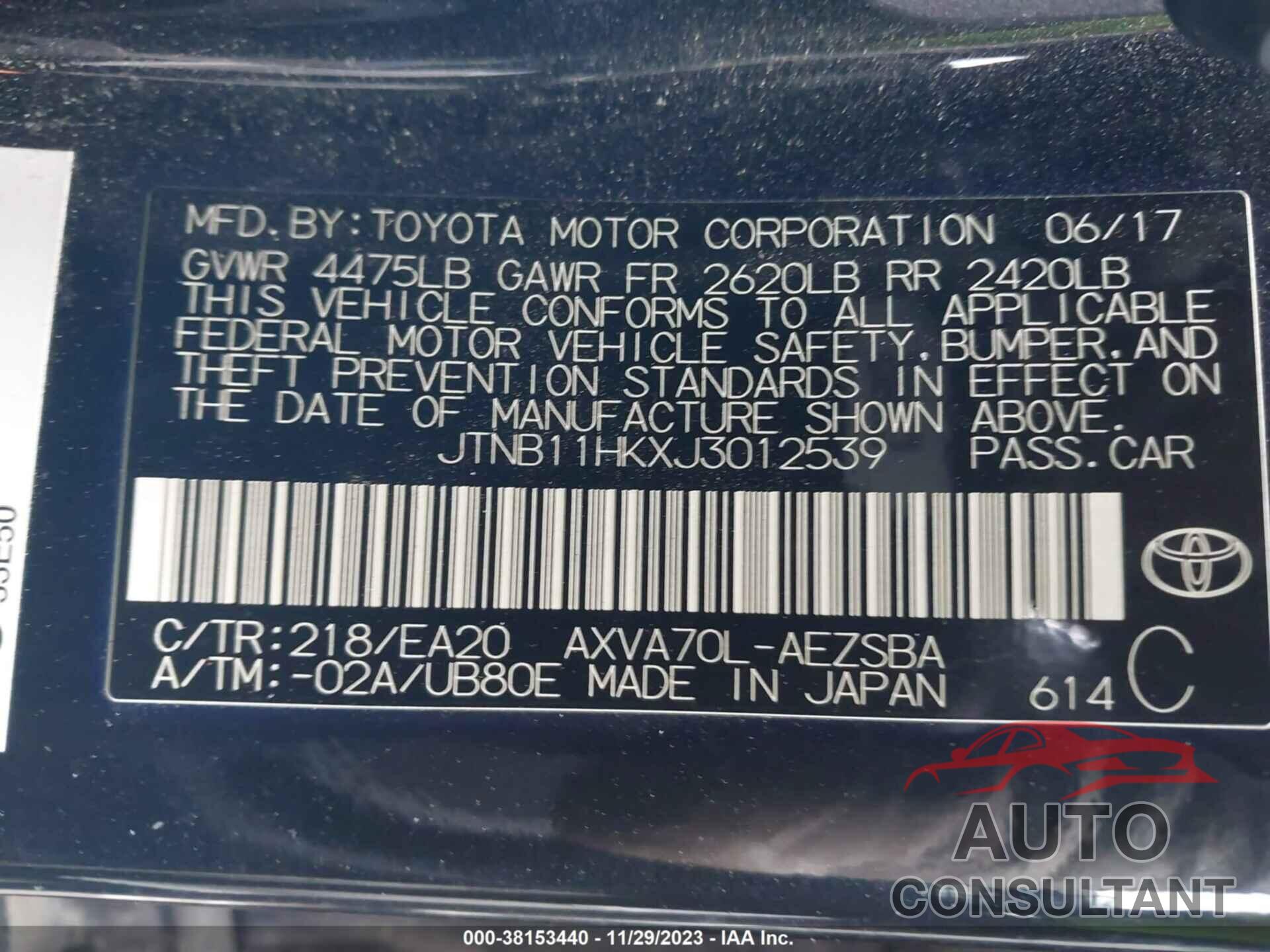 TOYOTA CAMRY 2018 - JTNB11HKXJ3012539