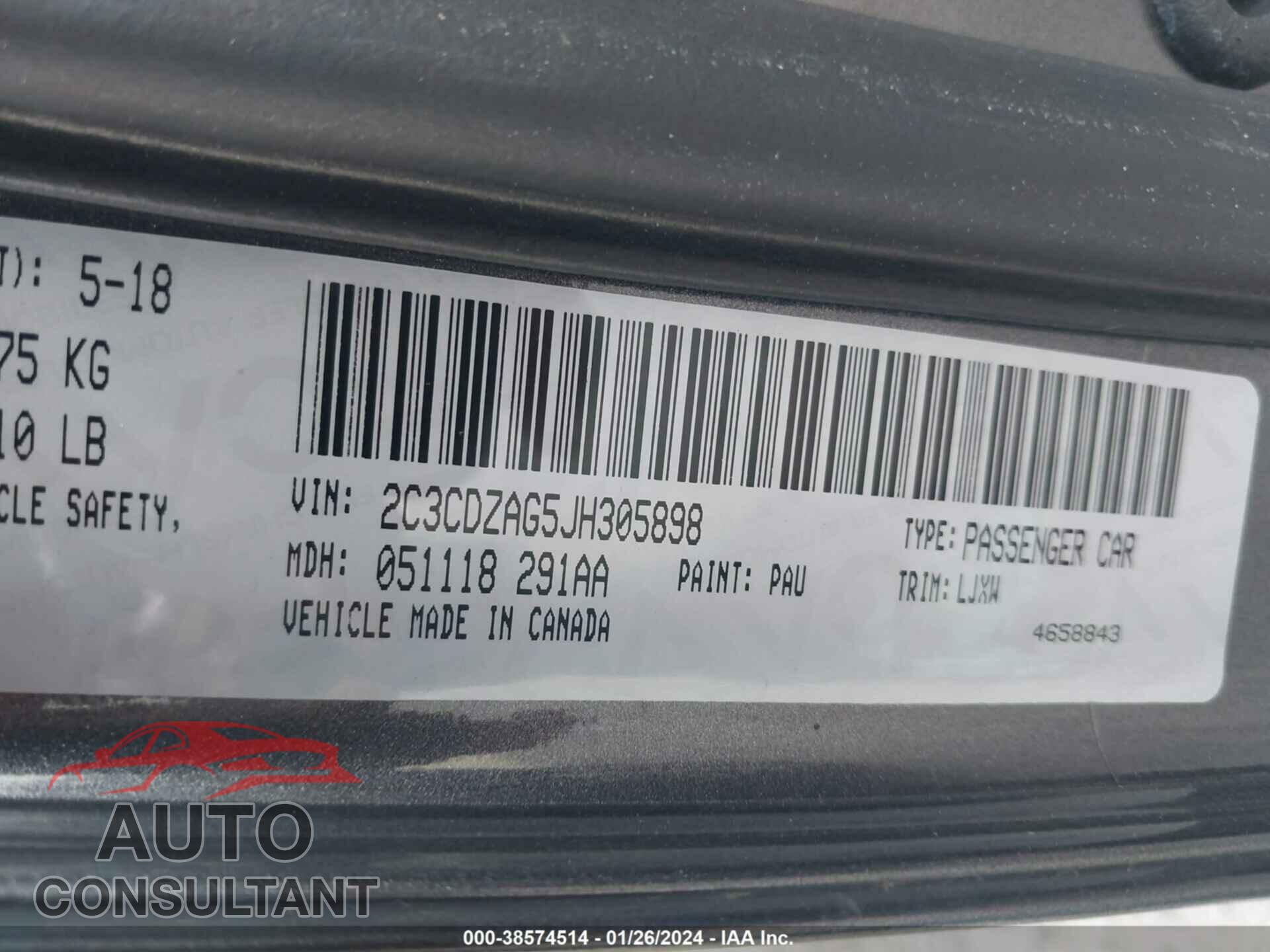 DODGE CHALLENGER 2018 - 2C3CDZAG5JH305898