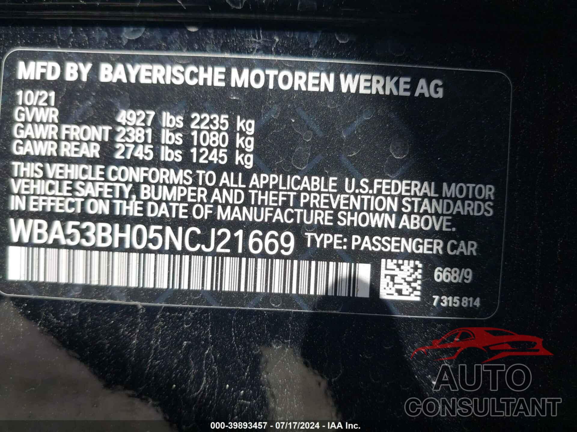 BMW 530 2022 - WBA53BH05NCJ21669