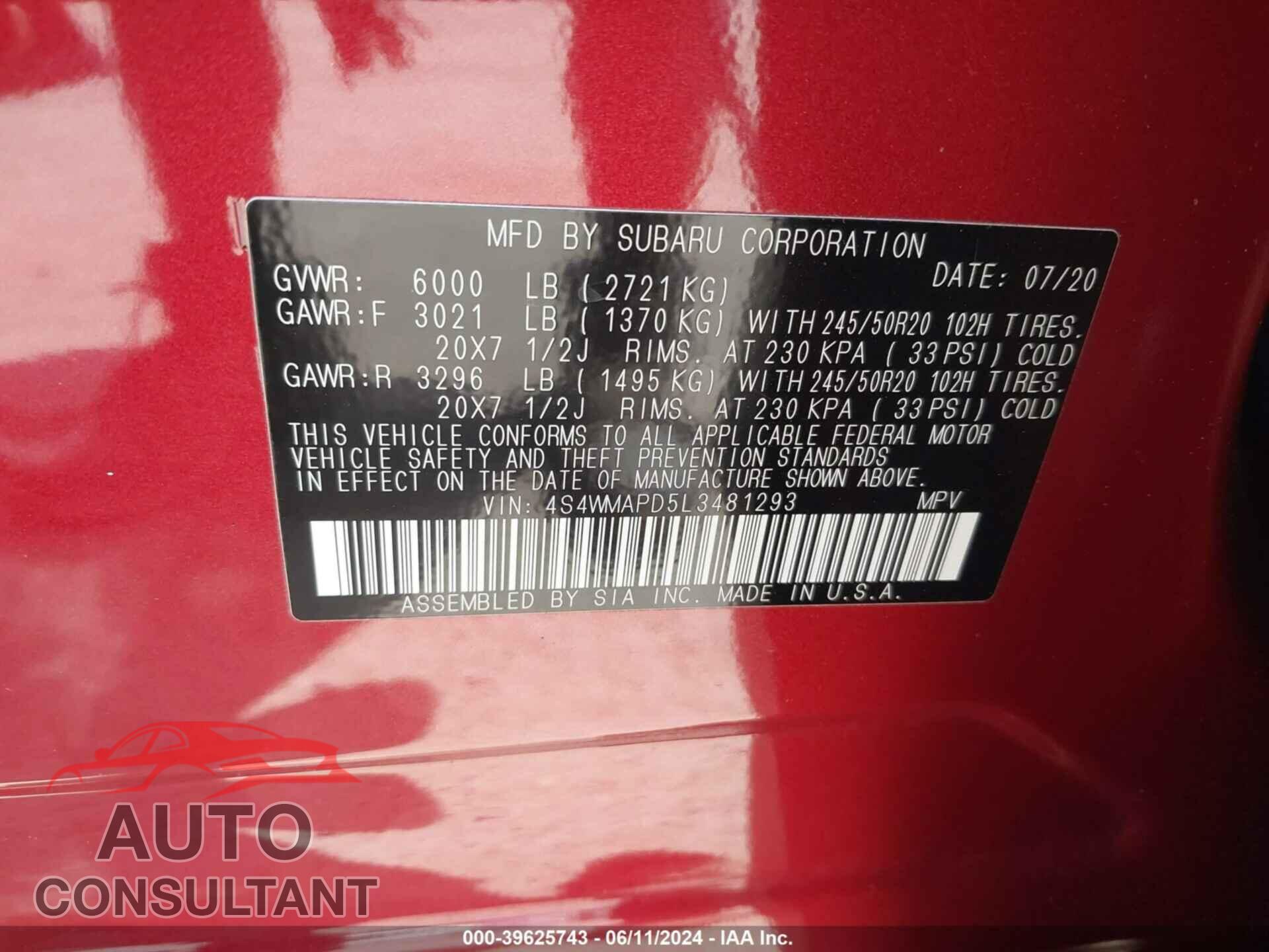 SUBARU ASCENT 2020 - 4S4WMAPD5L3481293