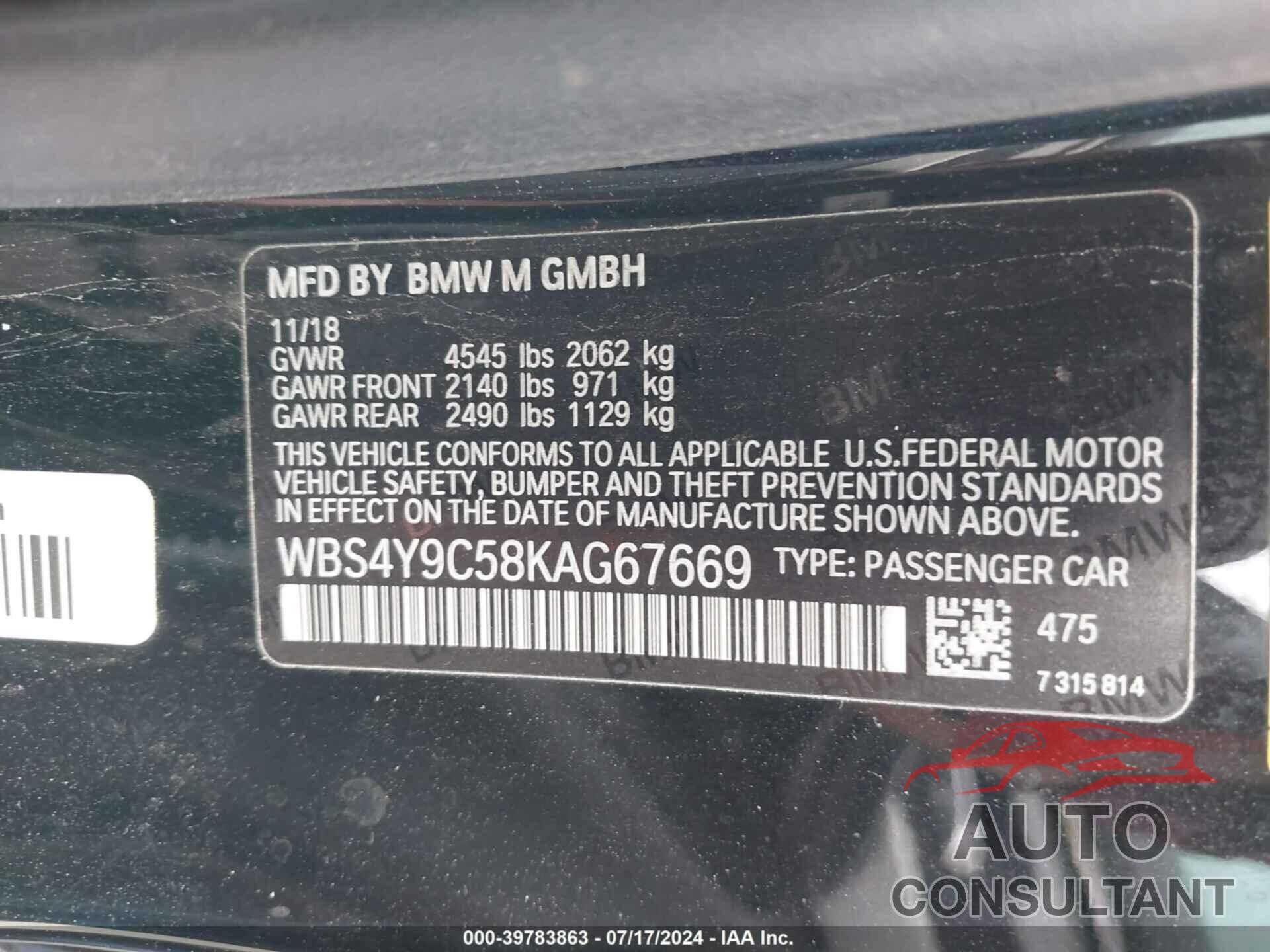BMW M4 2019 - WBS4Y9C58KAG67669
