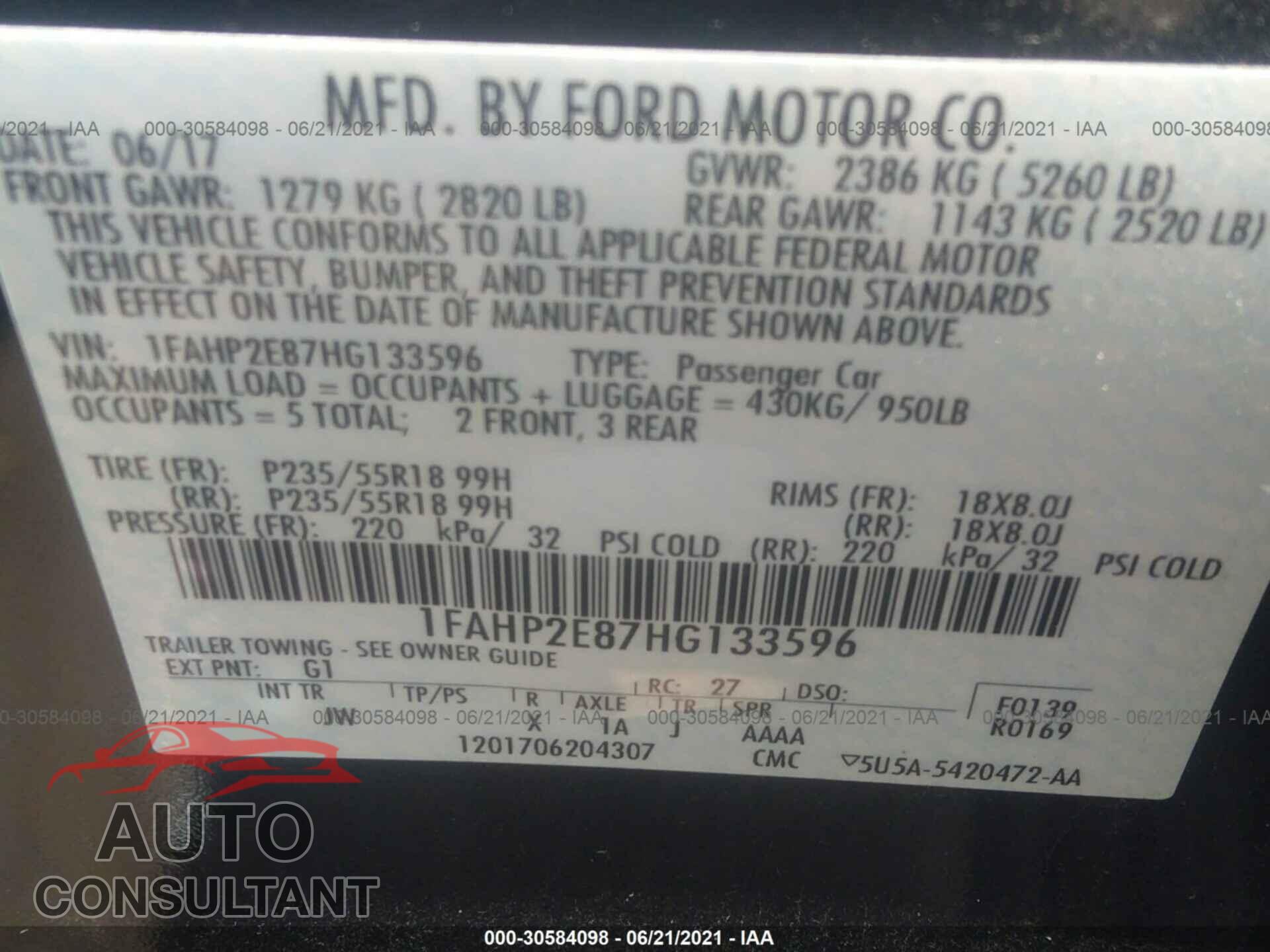 FORD TAURUS 2017 - 1FAHP2E87HG133596