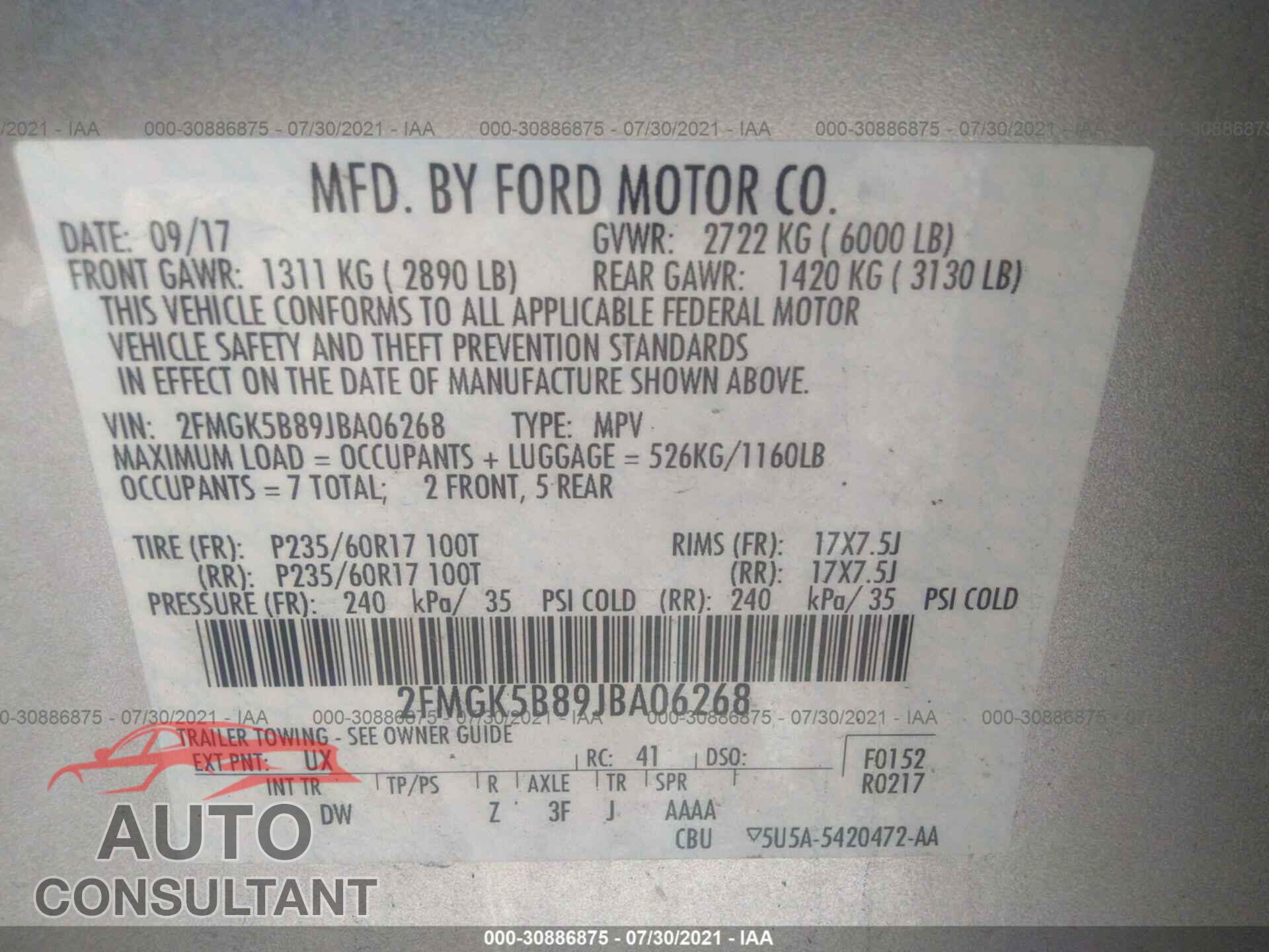 FORD FLEX 2018 - 2FMGK5B89JBA06268