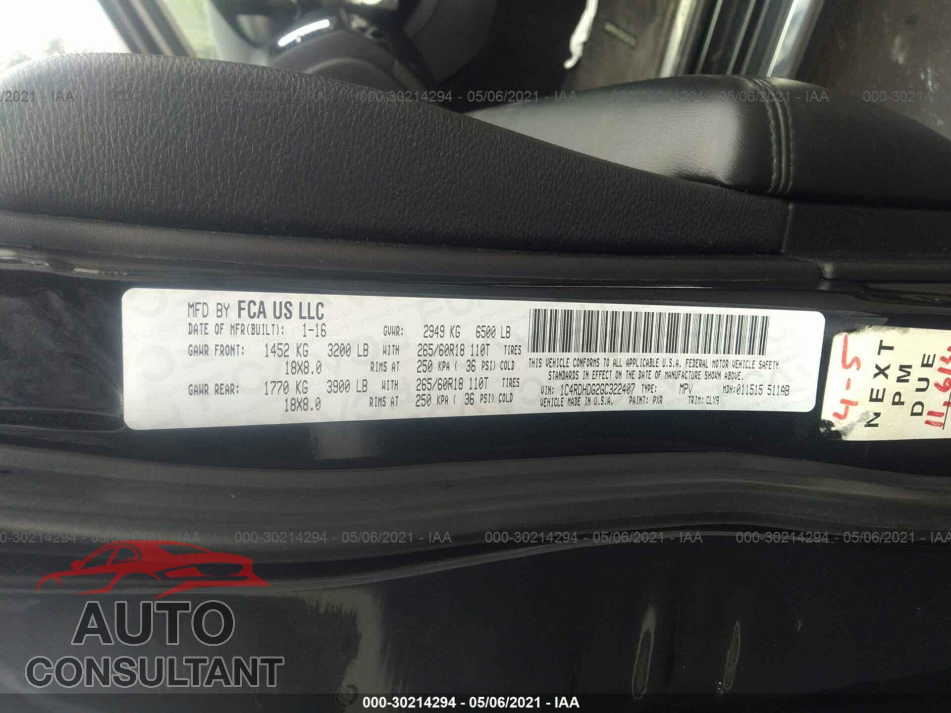 DODGE DURANGO 2016 - 1C4RDHDG2GC322407