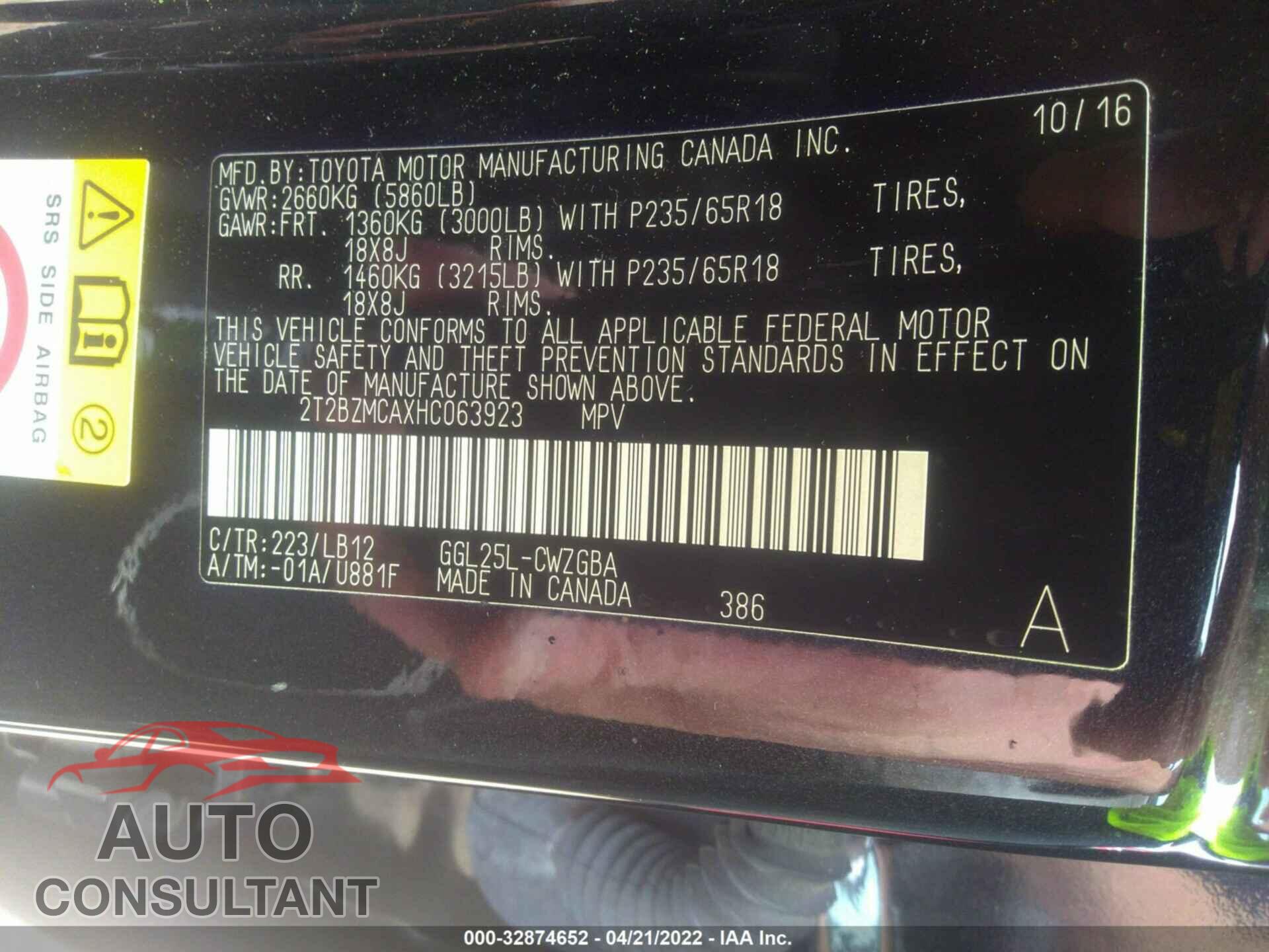 LEXUS RX 2017 - 2T2BZMCAXHC063923