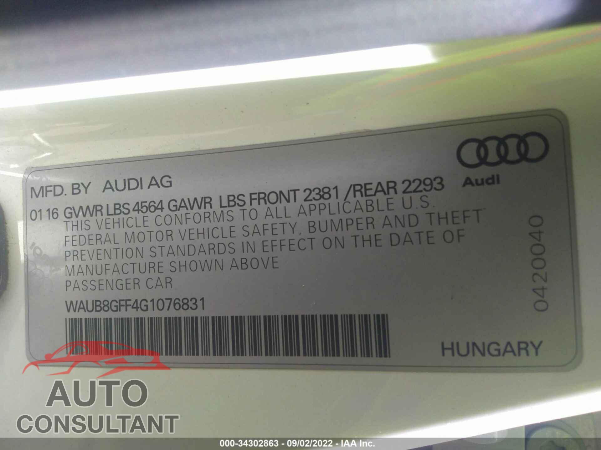 AUDI A3 2016 - WAUB8GFF4G1076831