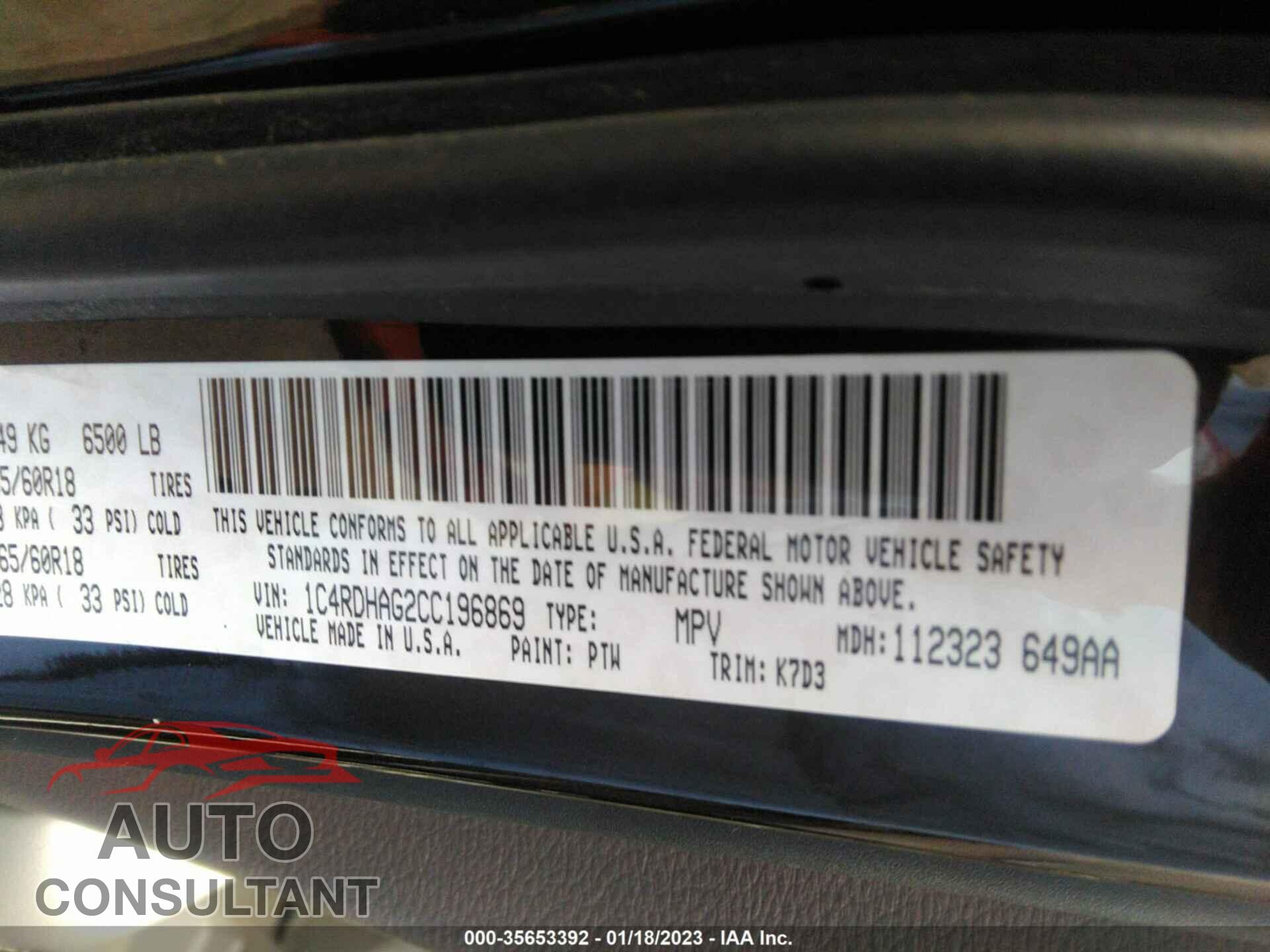 DODGE DURANGO 2012 - 1C4RDHAG2CC196869