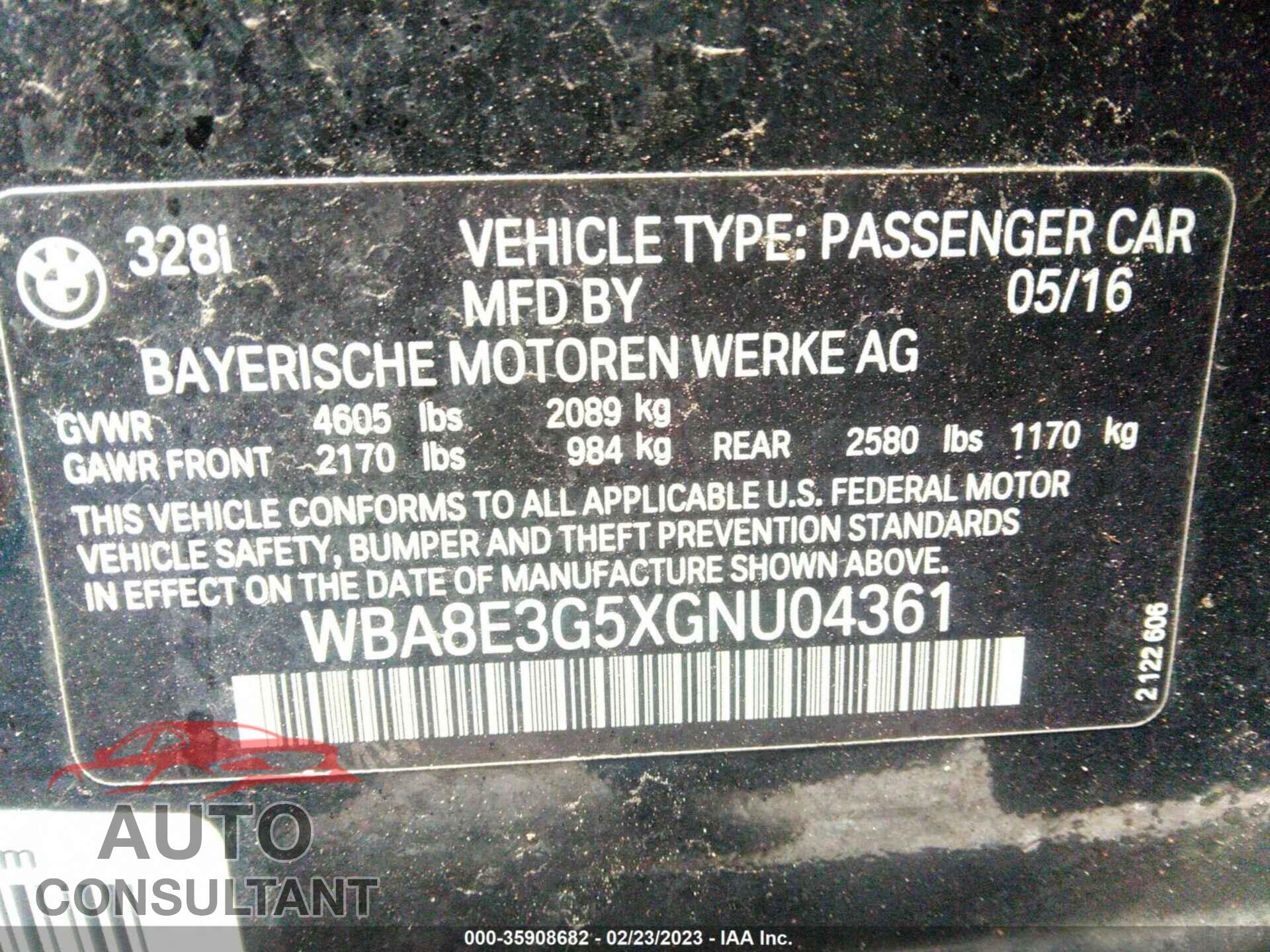 BMW 3 SERIES 2016 - WBA8E3G5XGNU04361