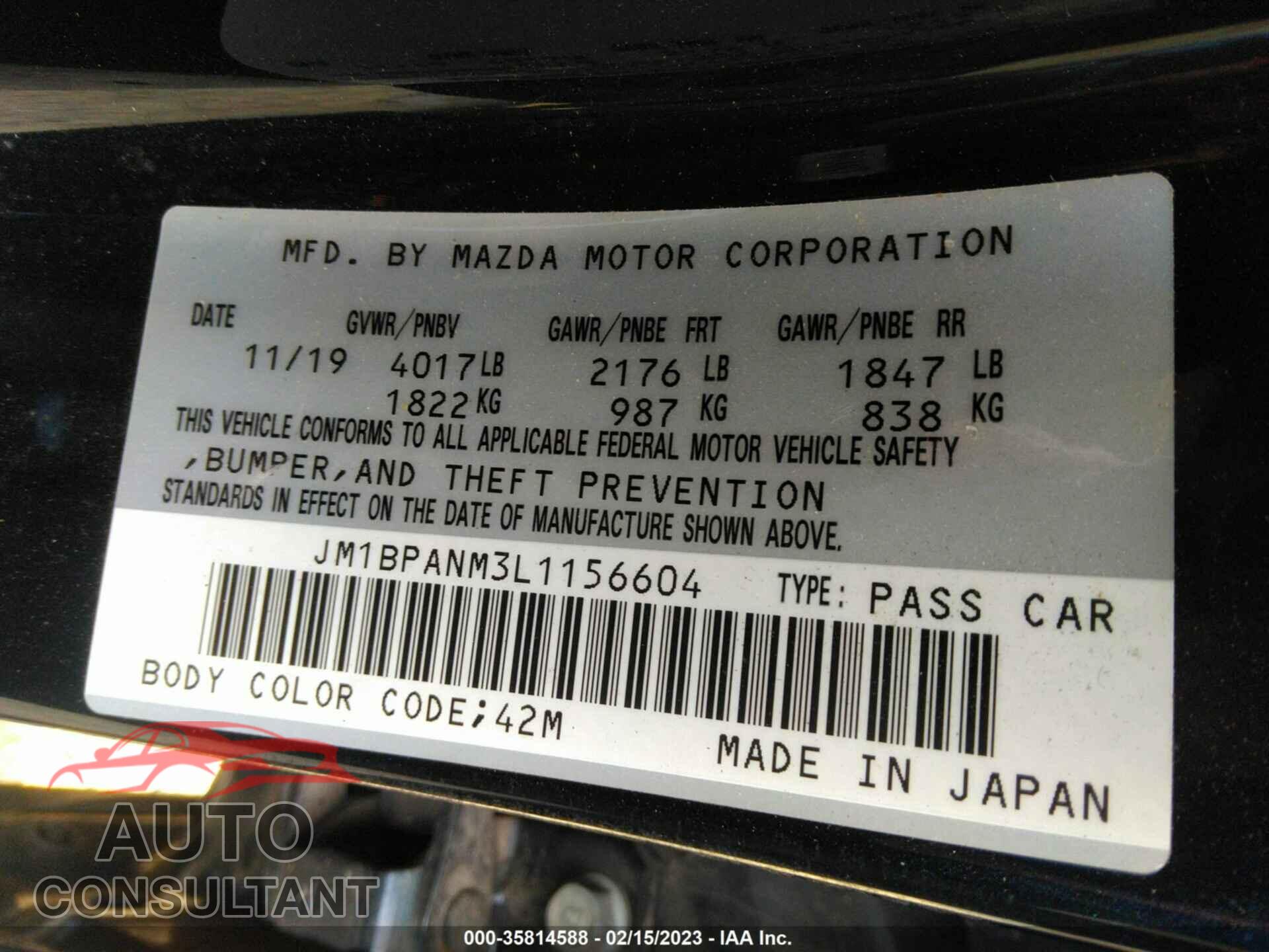 MAZDA MAZDA3 HATCHBACK 2020 - JM1BPANM3L1156604