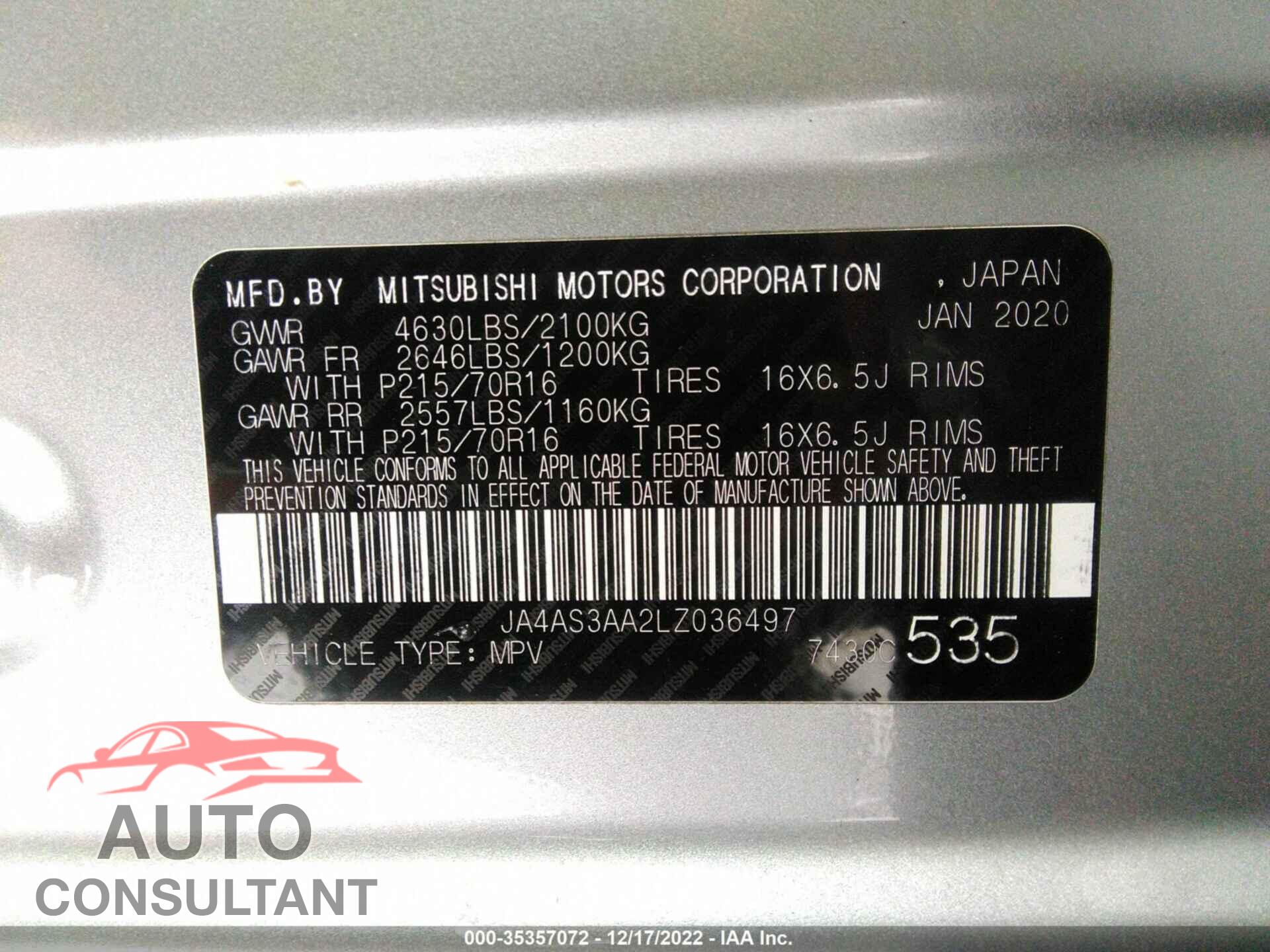 MITSUBISHI ECLIPSE CROSS 2020 - JA4AS3AA2LZ036497