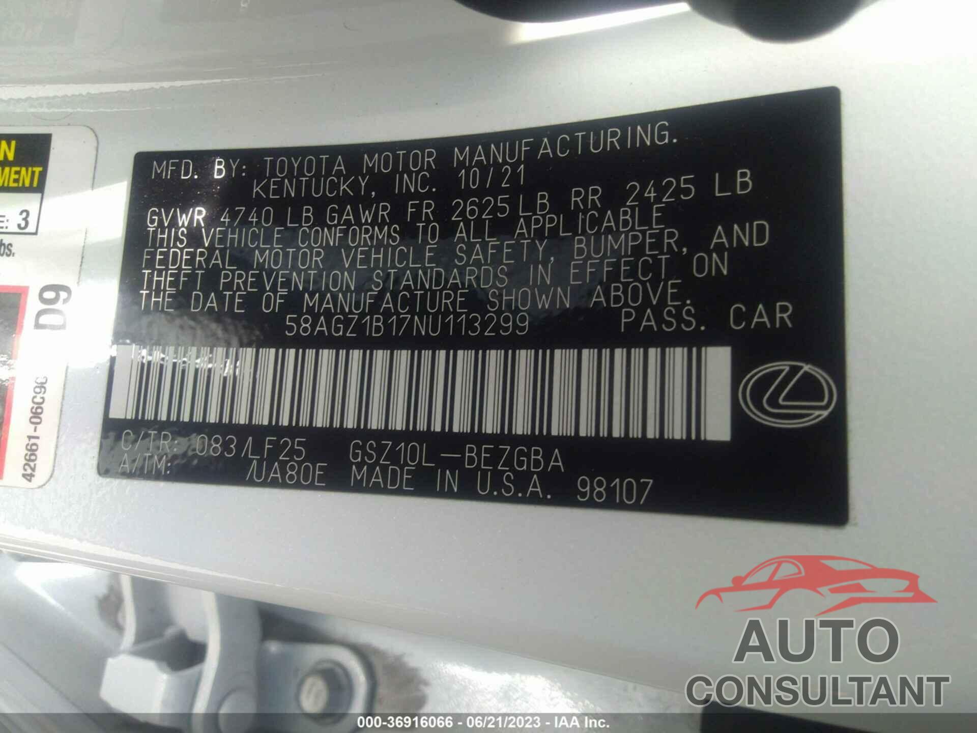 LEXUS ES 2022 - 58AGZ1B17NU113299