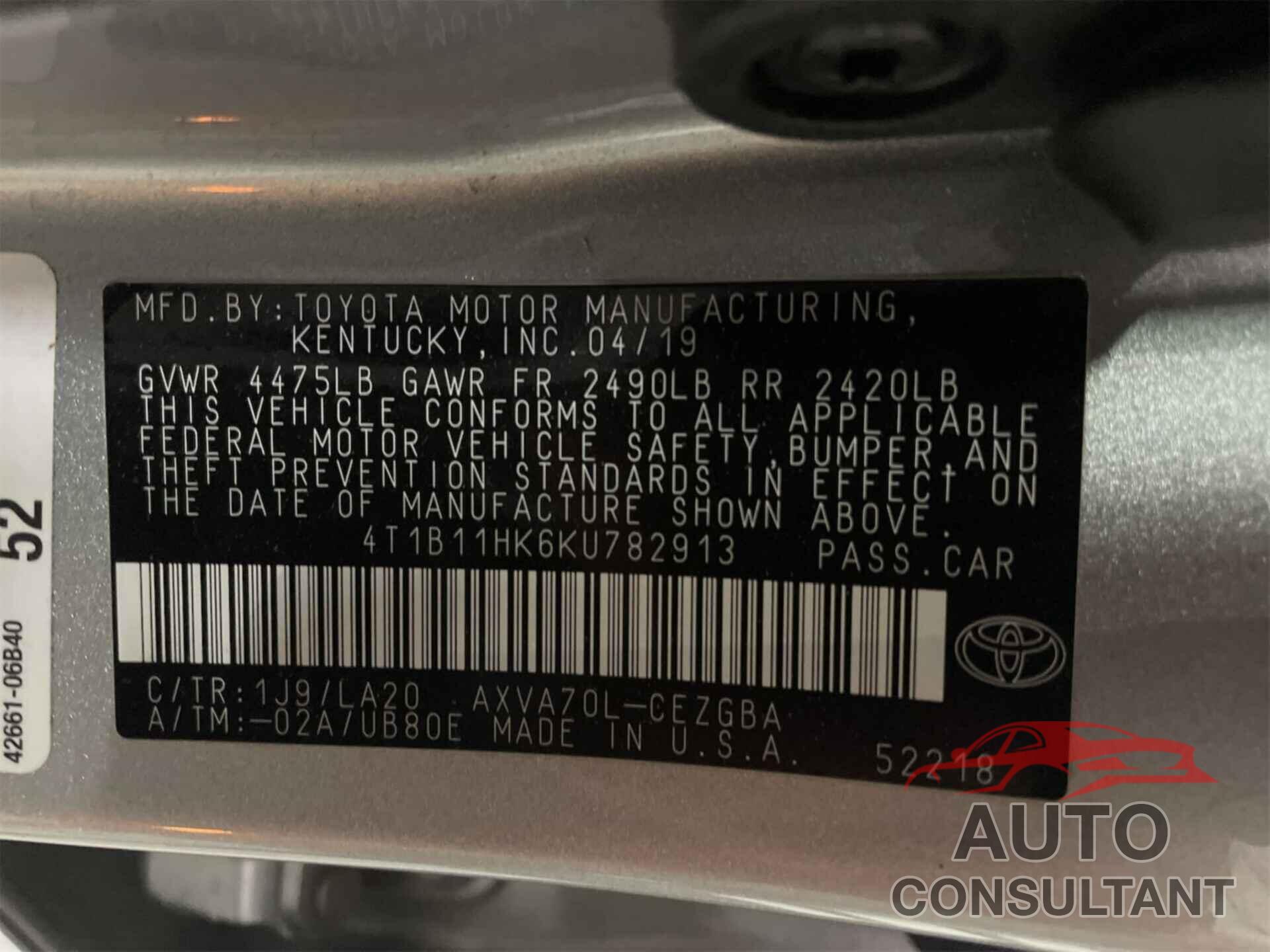 TOYOTA CAMRY 2019 - 4T1B11HK6KU782913