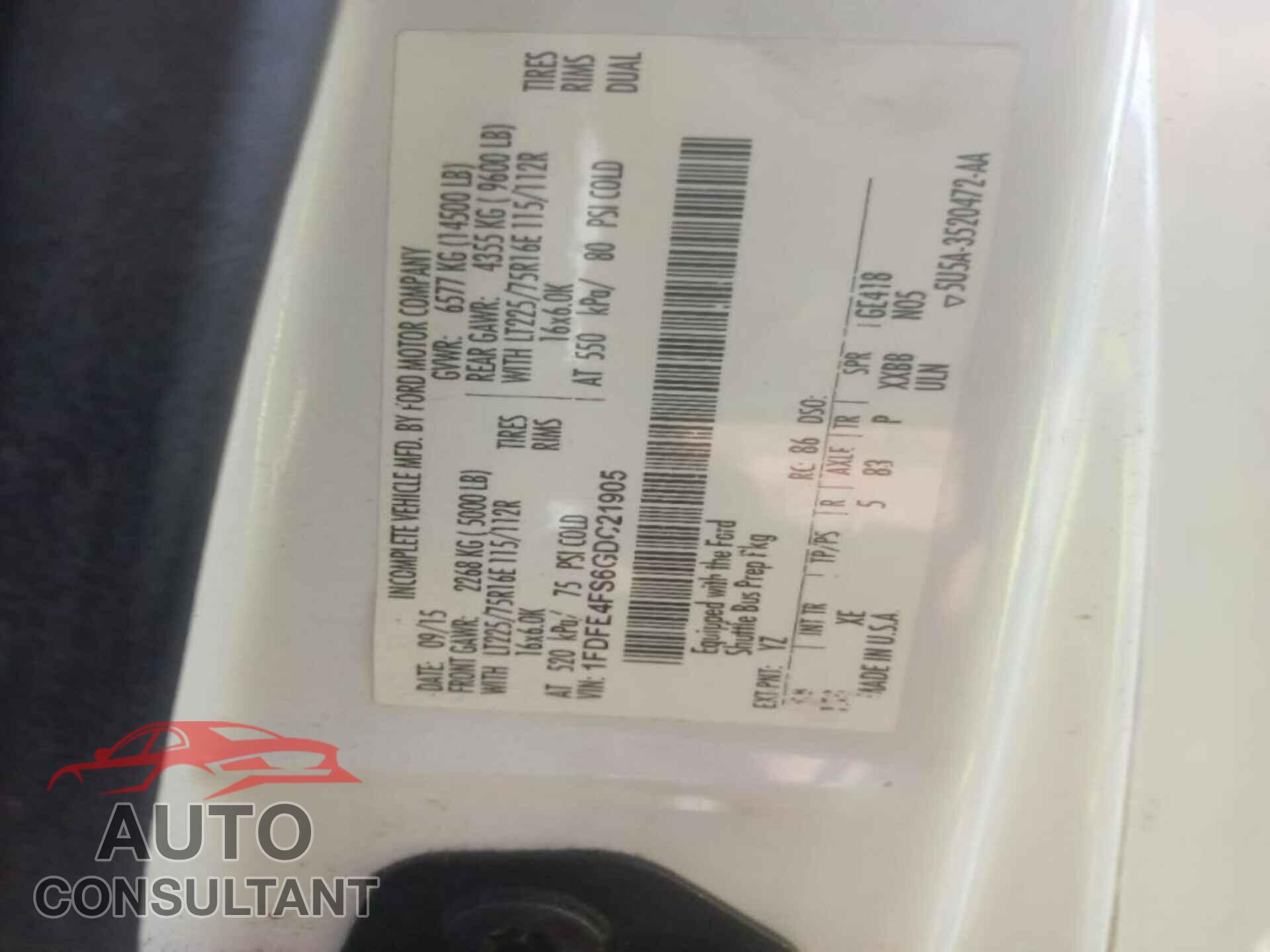FORD E-450 CUTAWAY 2016 - 1FDFE4FS6GDC21905