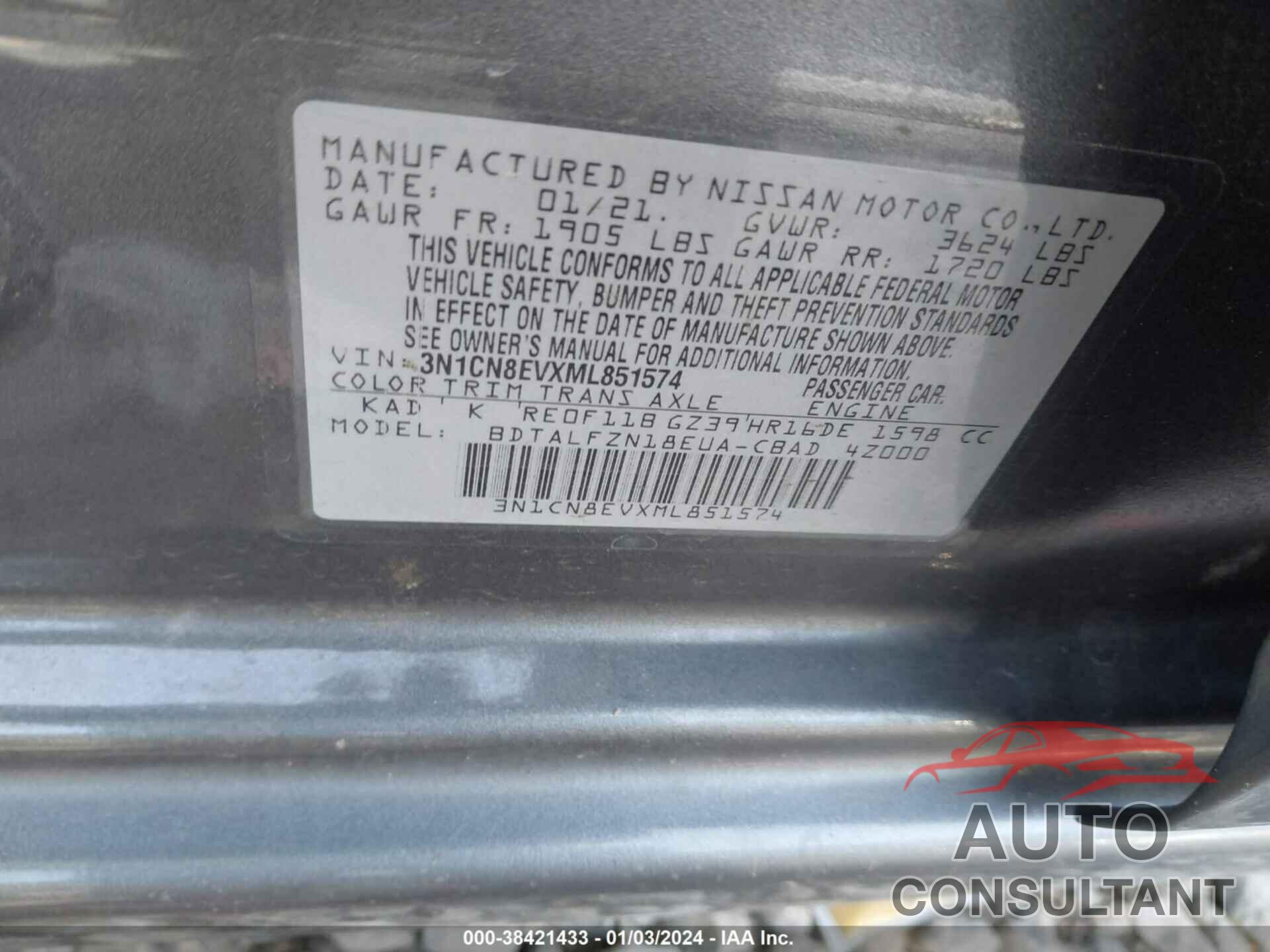 NISSAN VERSA 2021 - 3N1CN8EVXML851574