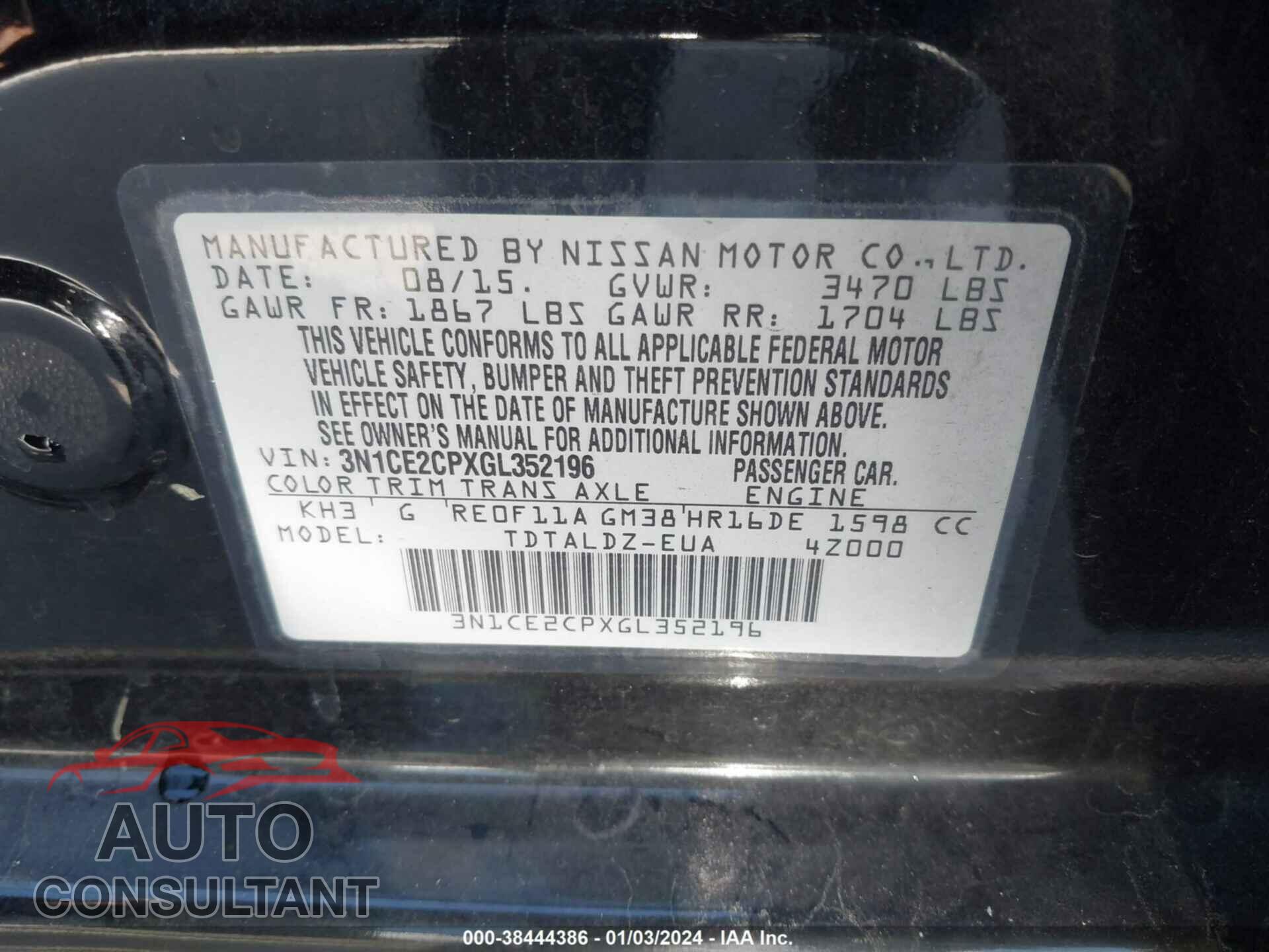 NISSAN VERSA NOTE 2016 - 3N1CE2CPXGL352196