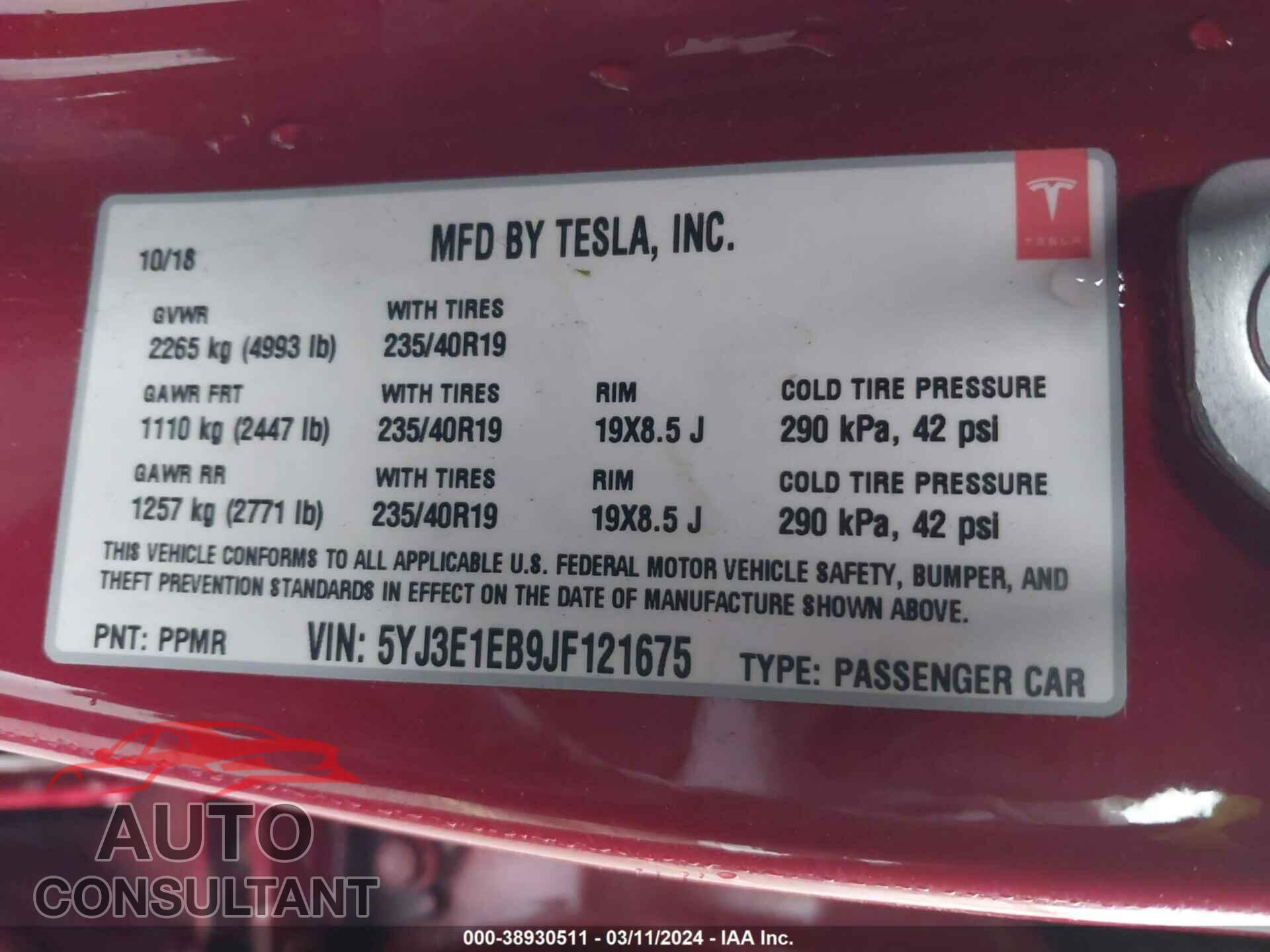 TESLA MODEL 3 2018 - 5YJ3E1EB9JF121675