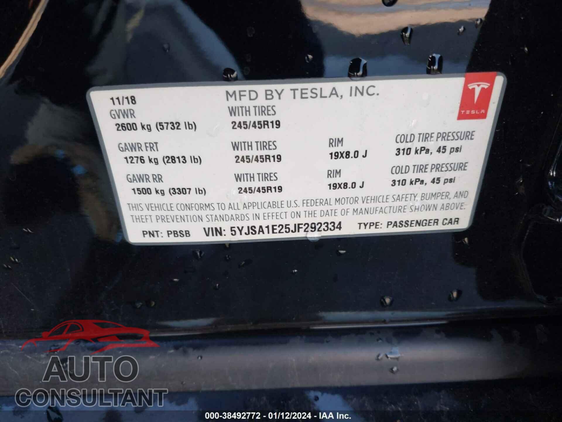TESLA MODEL S 2018 - 5YJSA1E25JF292334