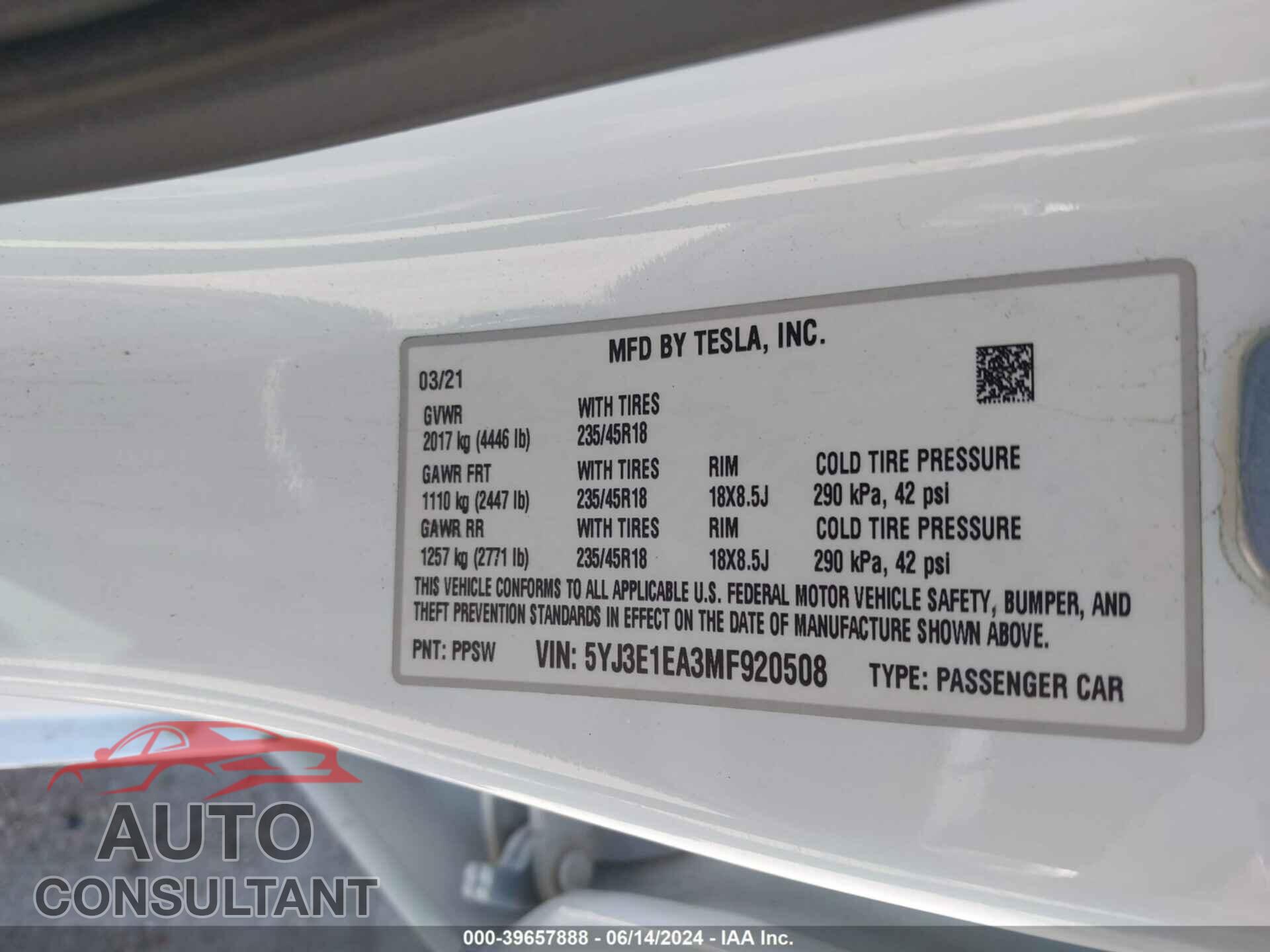 TESLA MODEL 3 2021 - 5YJ3E1EA3MF920508