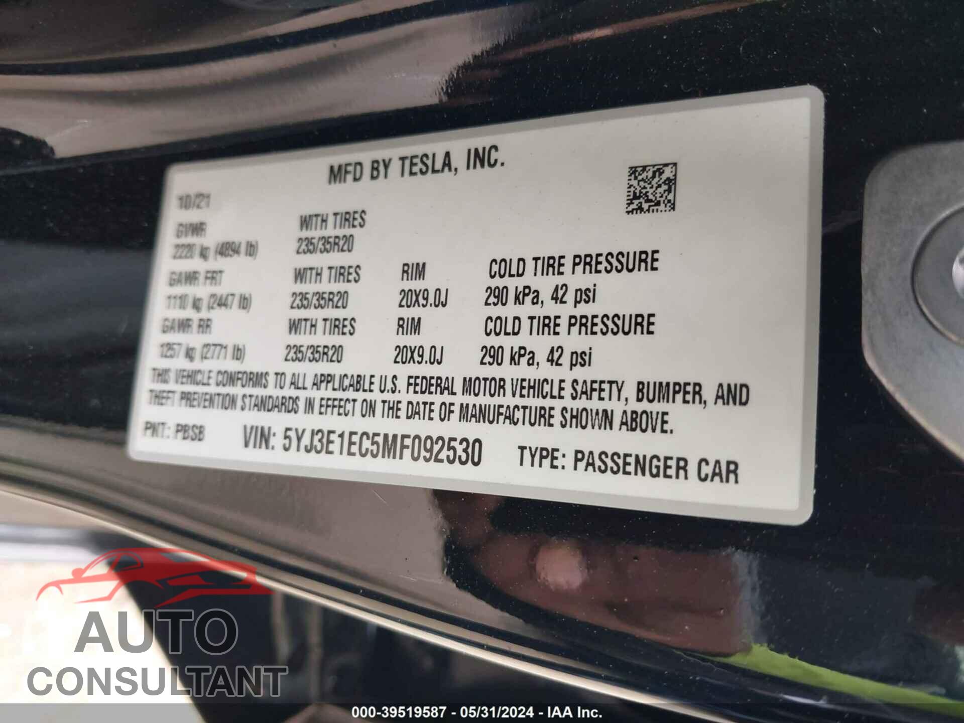 TESLA MODEL 3 2021 - 5YJ3E1EC5MF092530