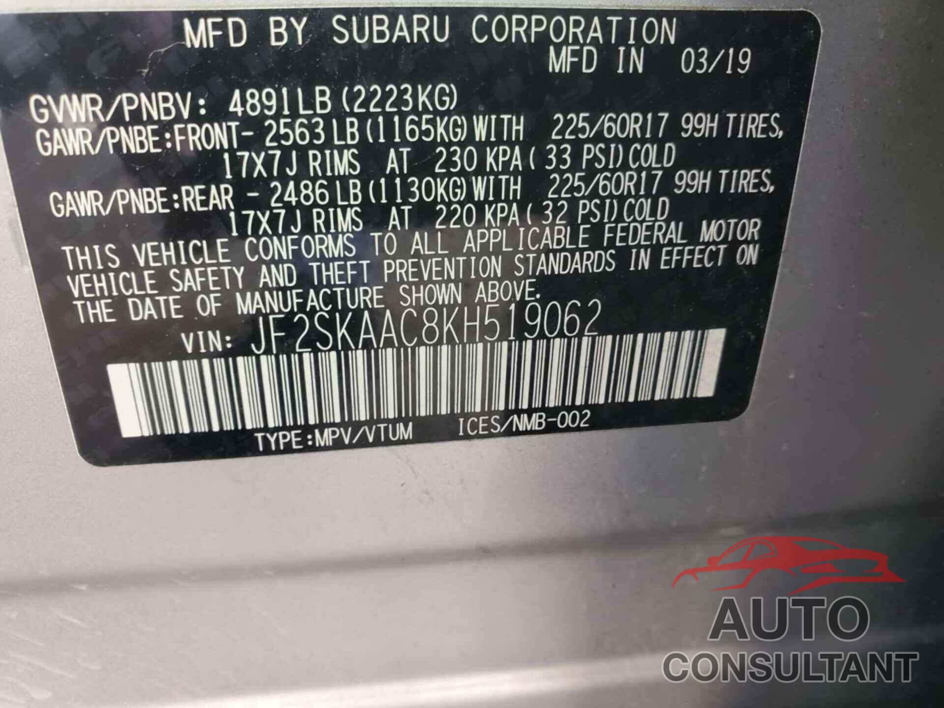 SUBARU FORESTER 2019 - JF2SKAAC8KH519062