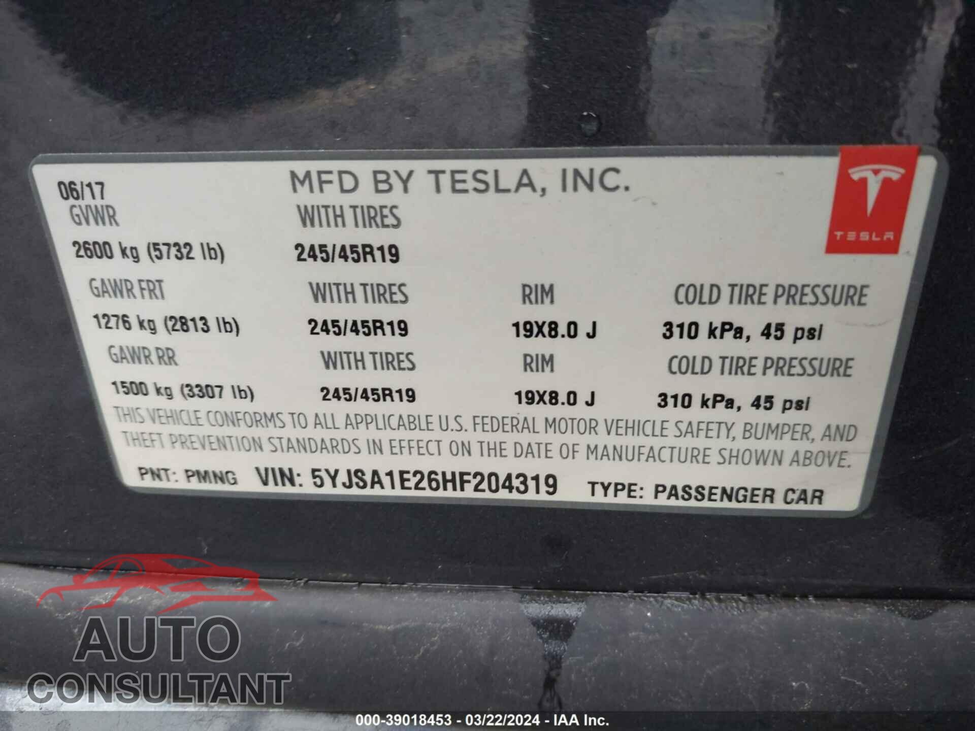 TESLA MODEL S 2017 - 5YJSA1E26HF204319