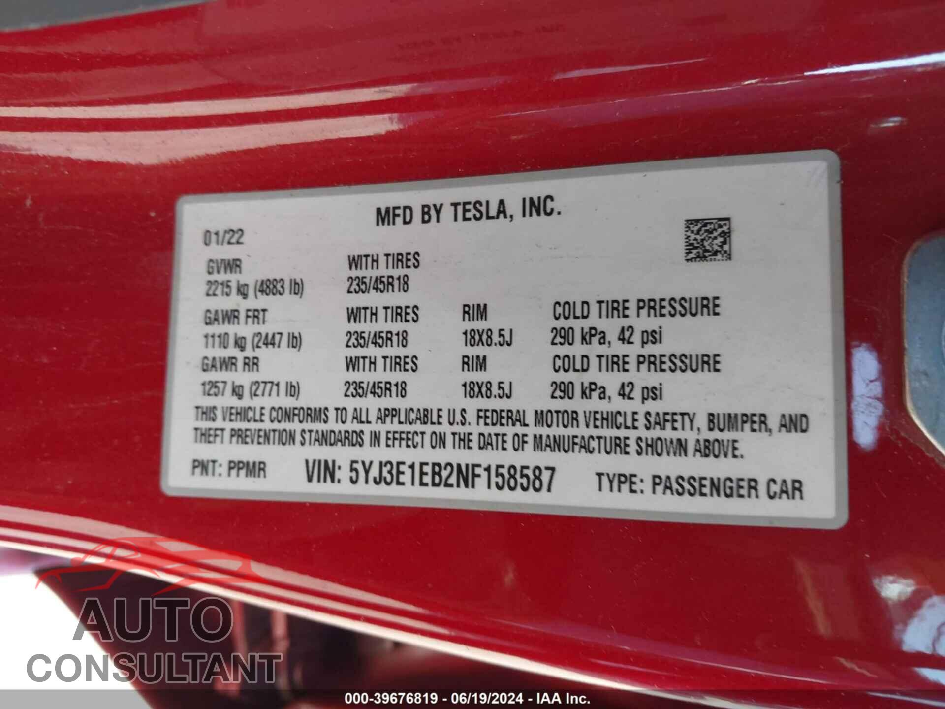 TESLA MODEL 3 2022 - 5YJ3E1EB2NF158587
