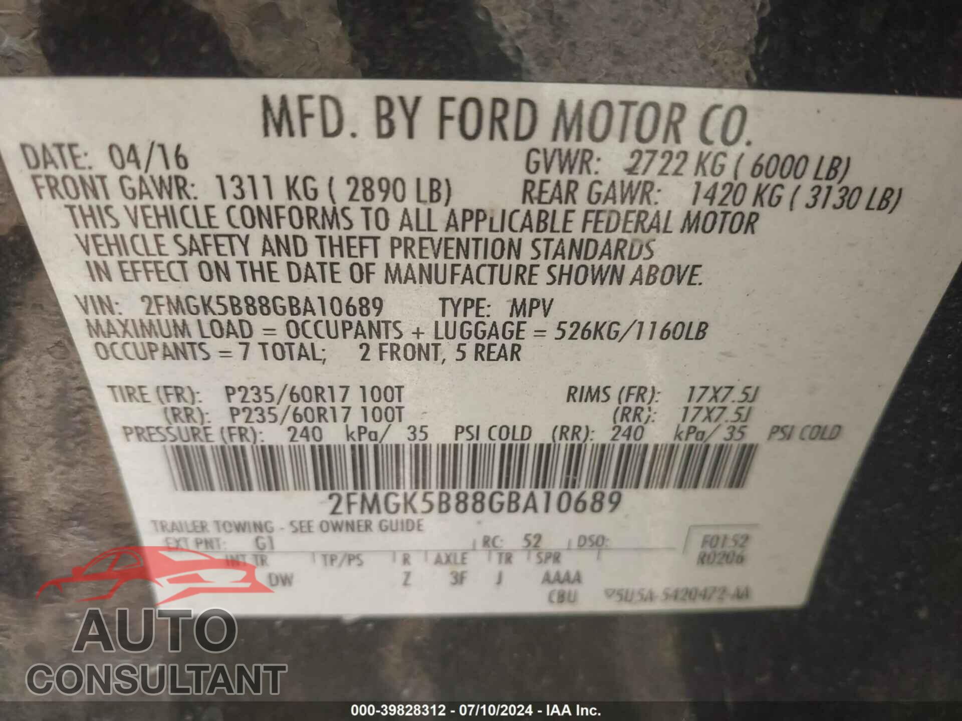 FORD FLEX 2016 - 2FMGK5B88GBA10689