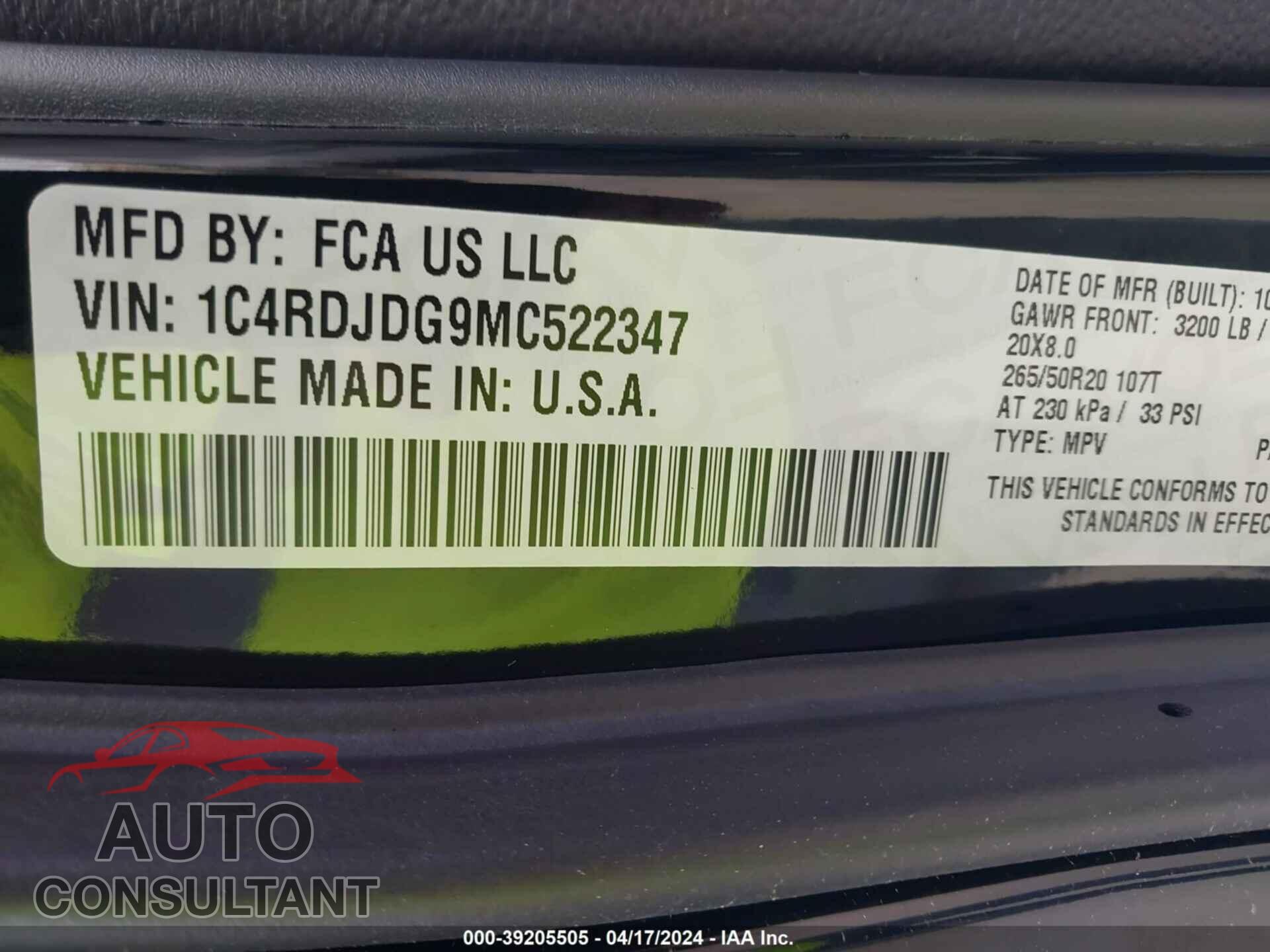 DODGE DURANGO 2021 - 1C4RDJDG9MC522347