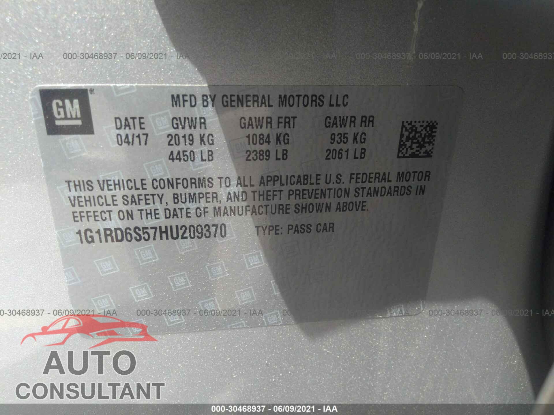 CHEVROLET VOLT 2017 - 1G1RD6S57HU209370
