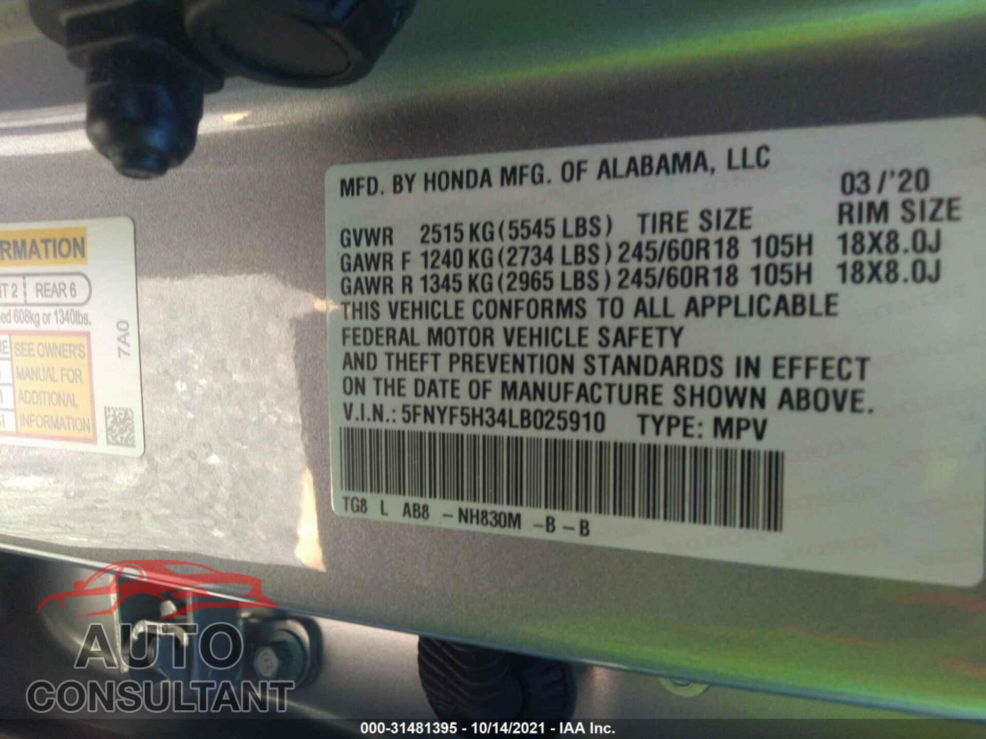 HONDA PILOT 2020 - 5FNYF5H34LB025910