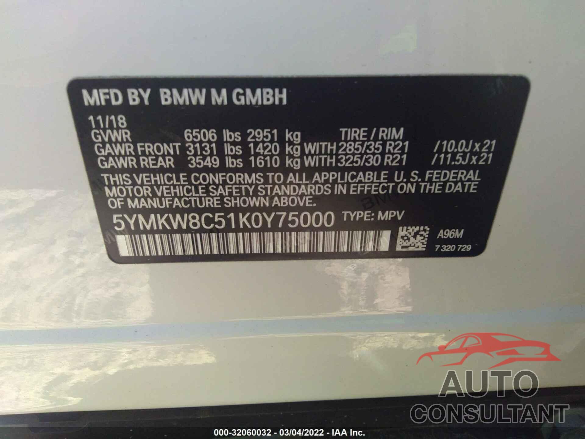 BMW X6 M 2019 - 5YMKW8C51K0Y75000
