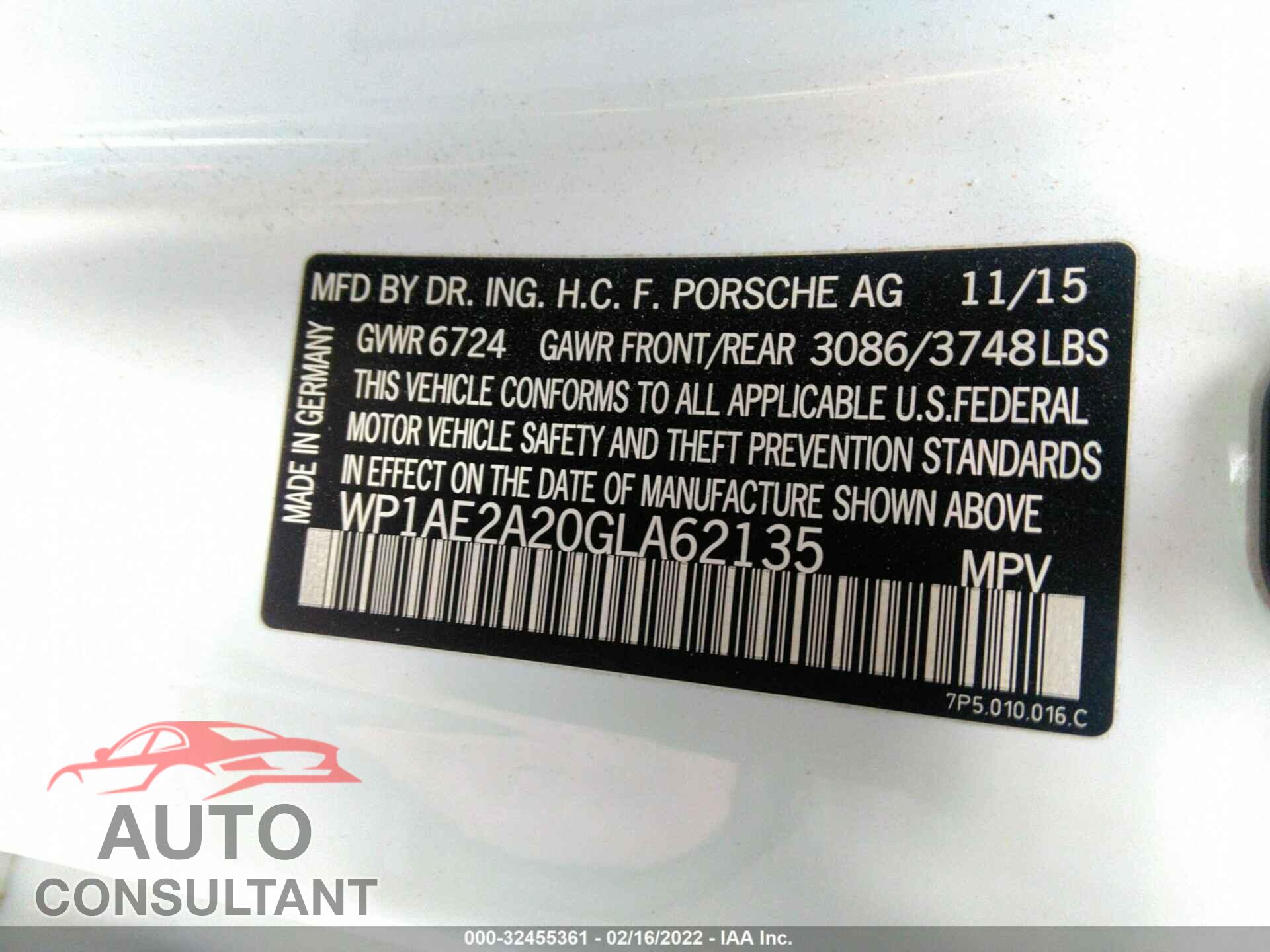 PORSCHE CAYENNE 2016 - WP1AE2A20GLA62135